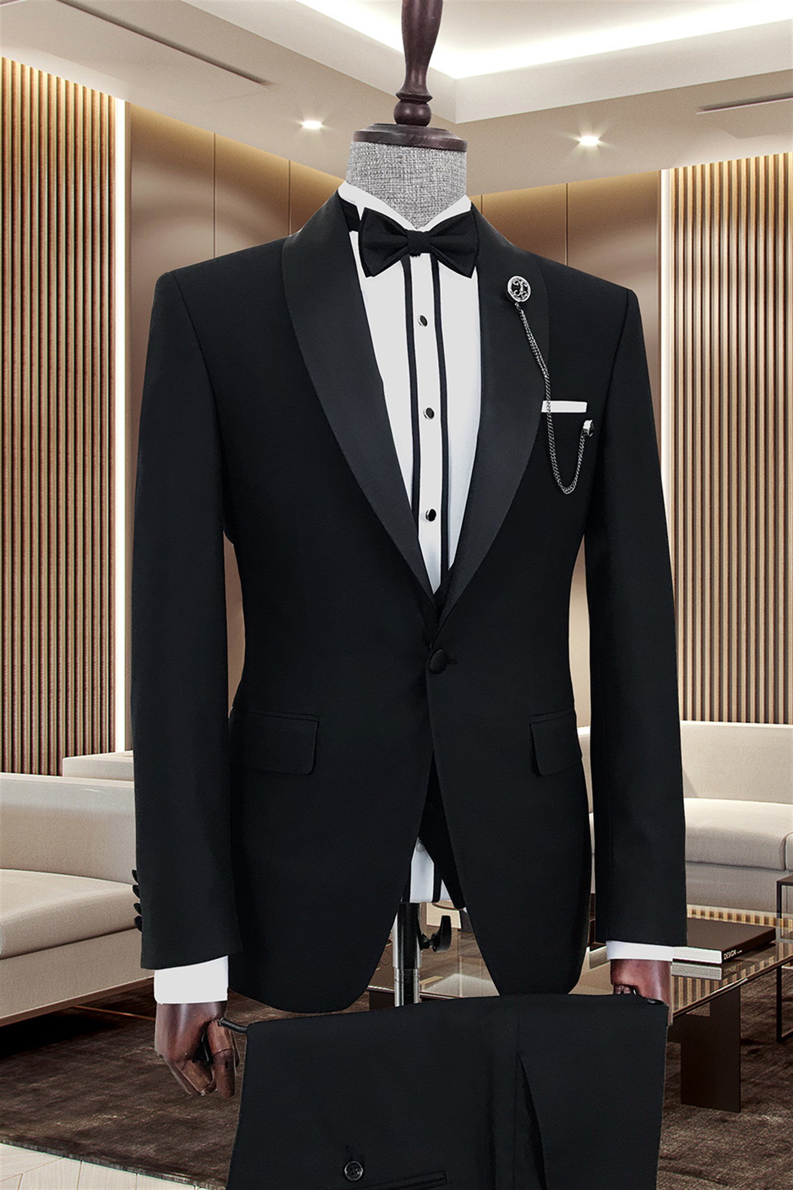 İtalyan kesim ceket yelek pantolon damatlık set Siyah T8651