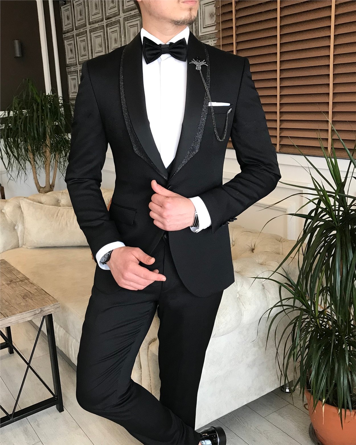 İtalyan kesim ceket yelek pantolon damatlık set Siyah T4889