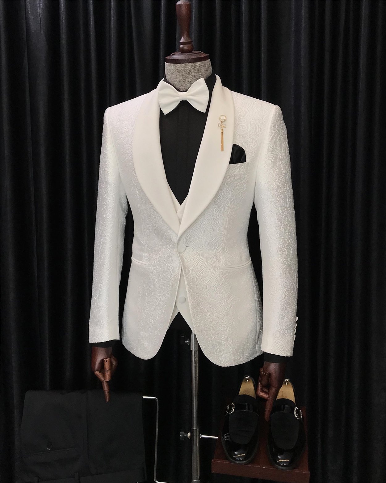 İtalyan kesim ceket yelek pantolon damatlık set Beyaz T7316