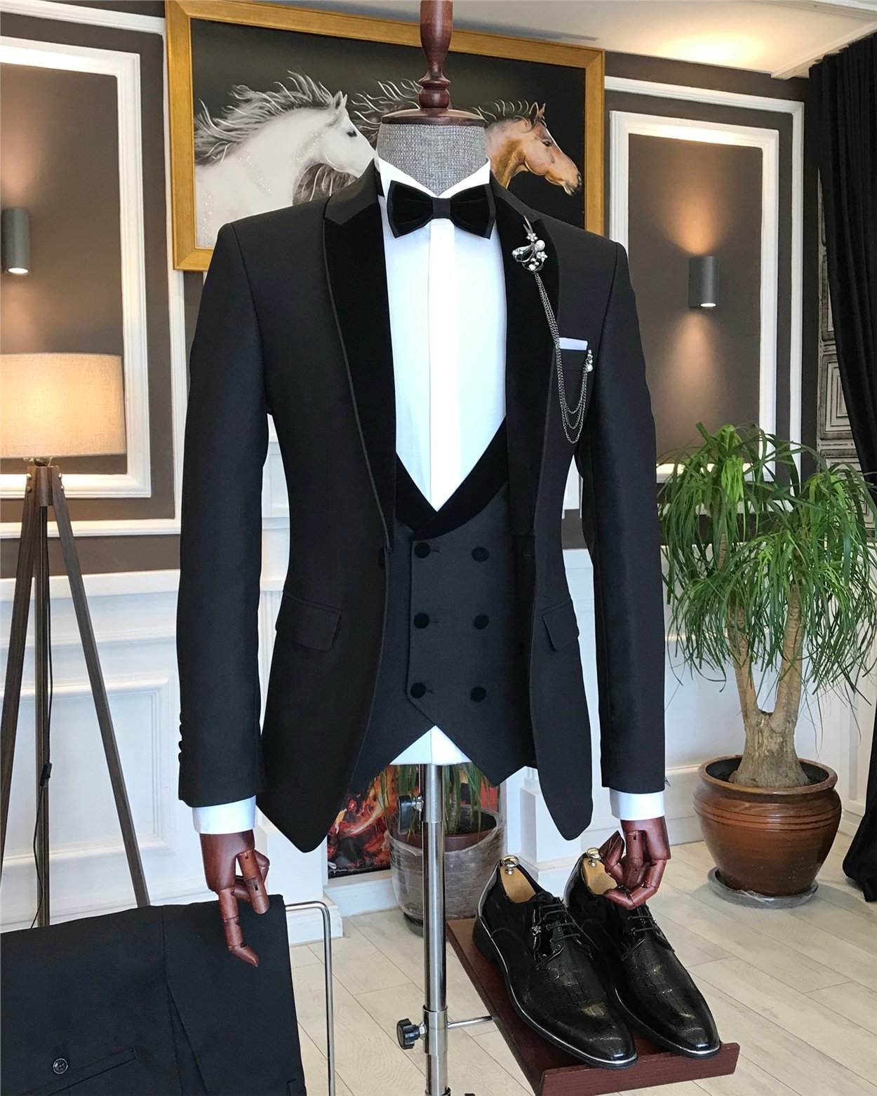 İtalyan kesim ceket yelek pantolon damatlık set Siyah T6216