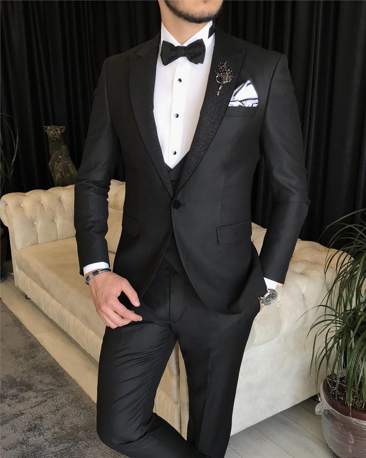 İtalyan kesim ceket yelek pantolon damatlık set Siyah T7466