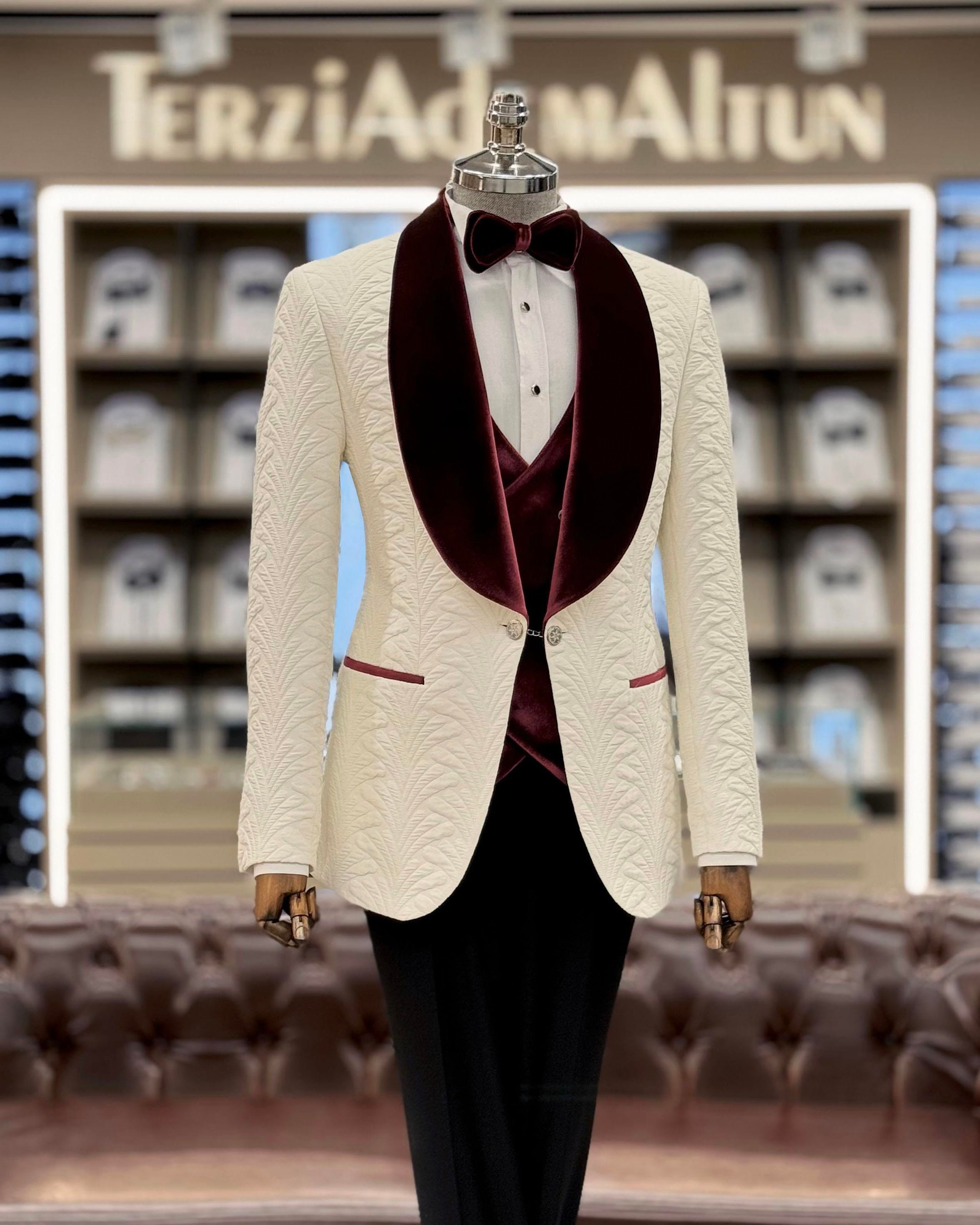 İtalyan kesim ceket yelek pantolon damatlık set Beyaz T12076
