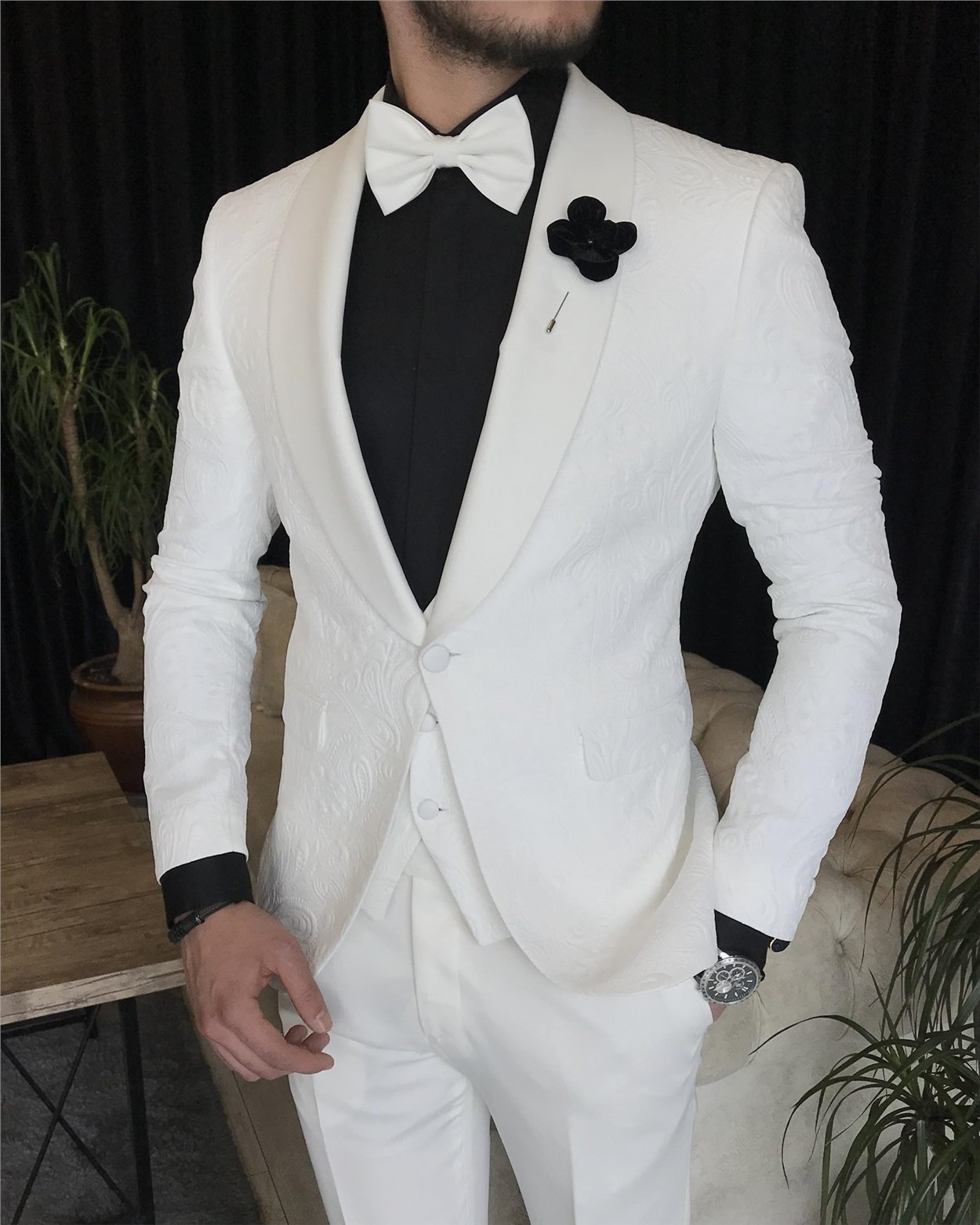 İtalyan kesim ceket yelek pantolon damatlık set Beyaz T7316