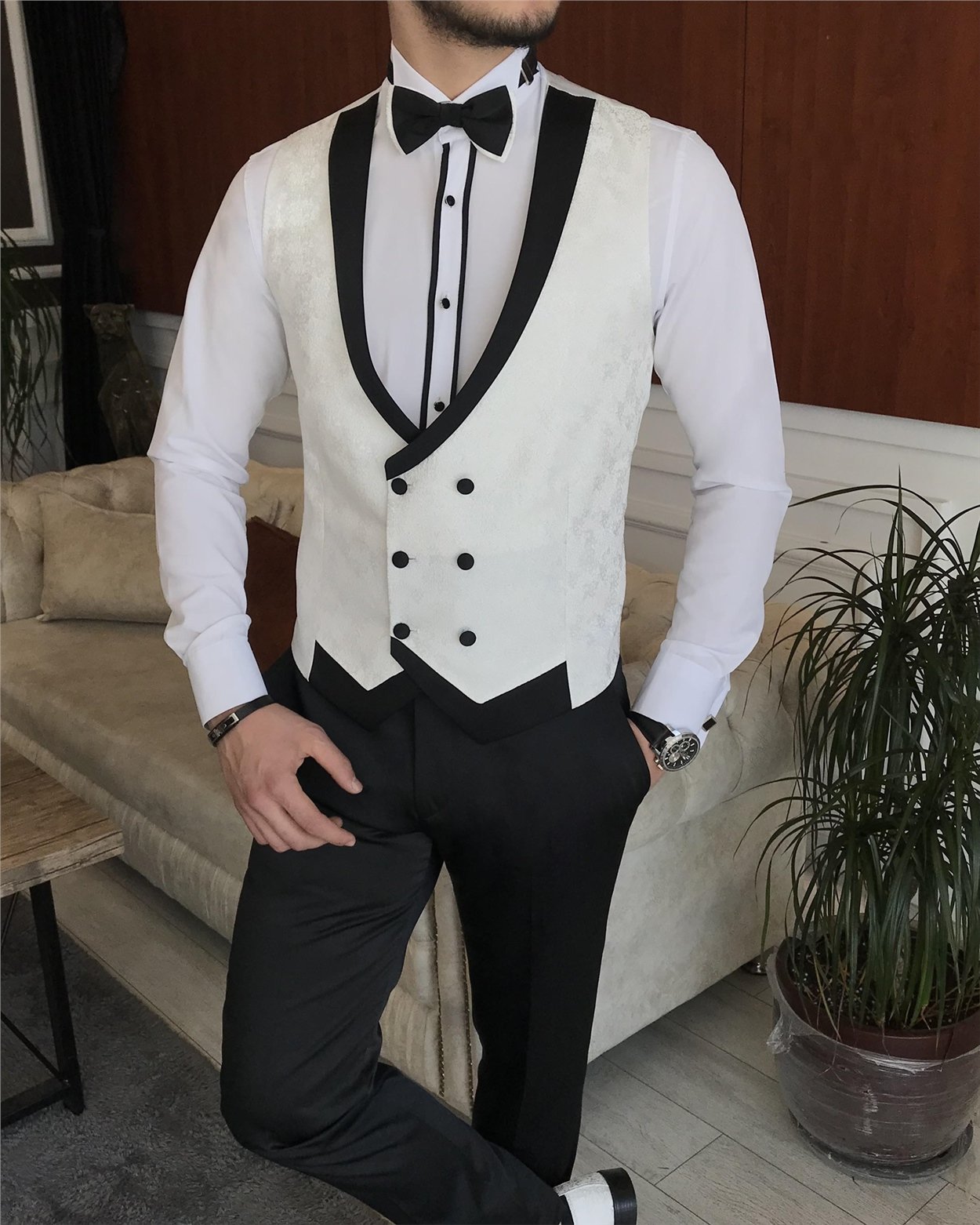 İtalyan kesim ceket yelek pantolon damatlık set Beyaz T7287