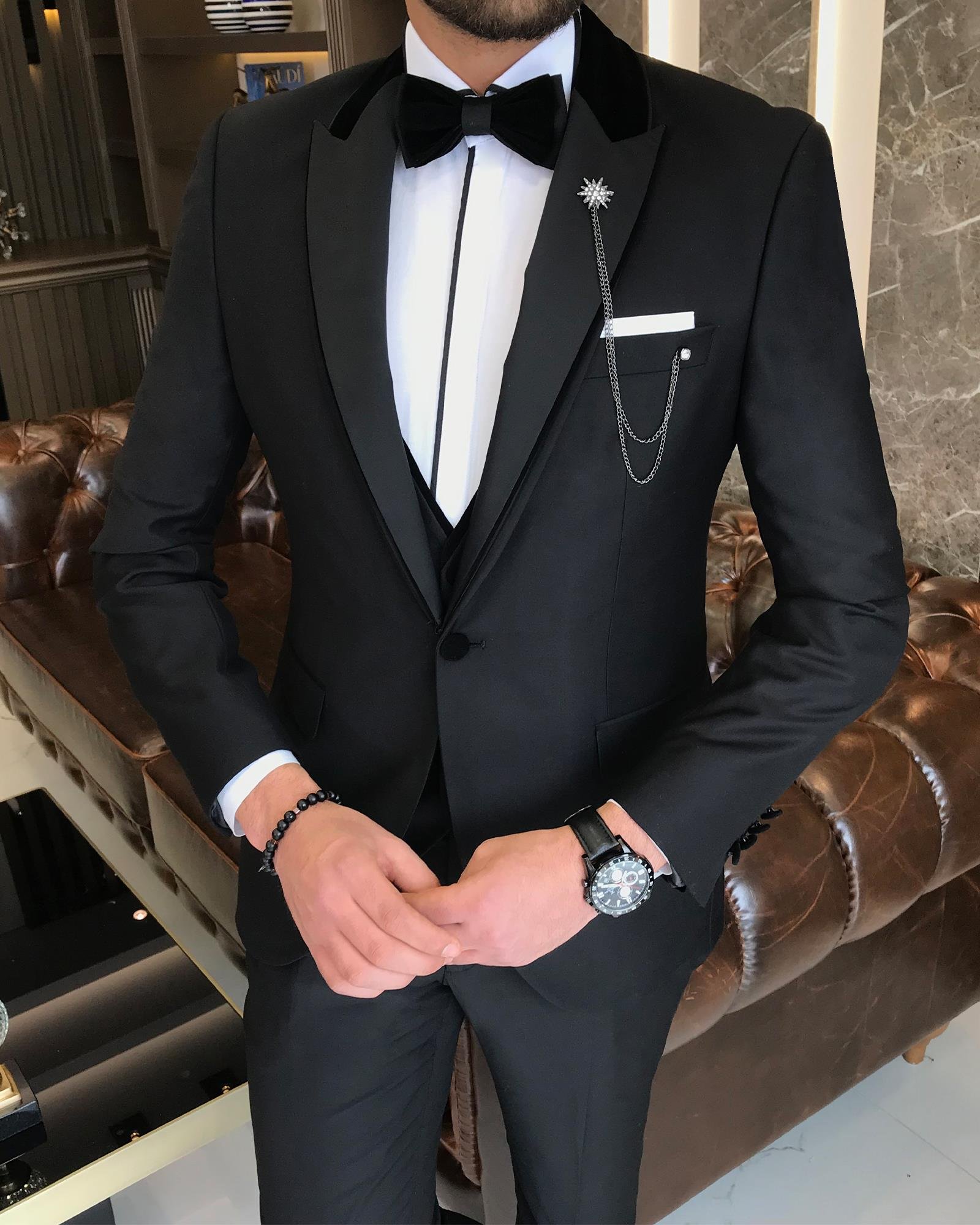 İtalyan kesim ceket yelek pantolon damatlık set Siyah T7474