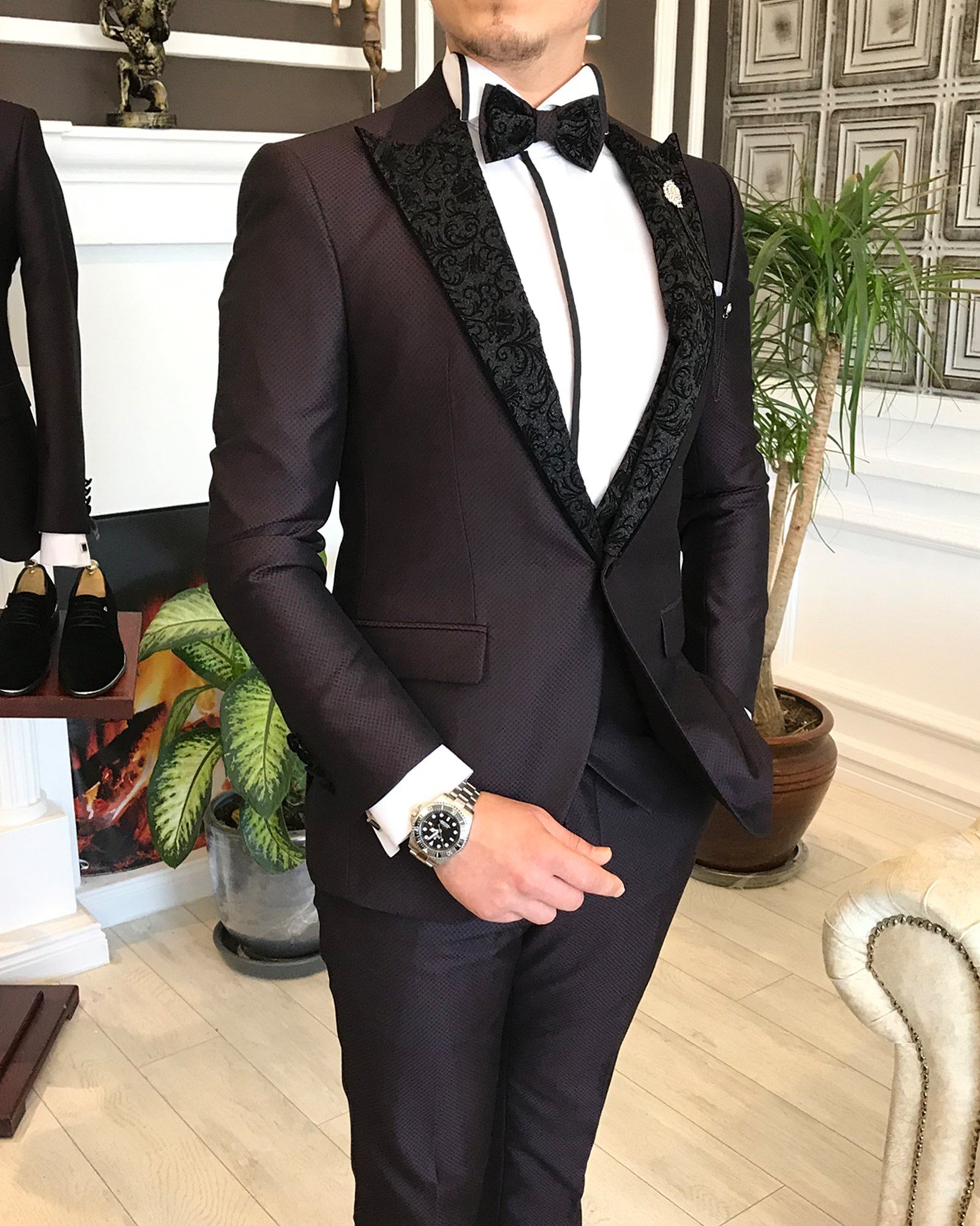 İtalyan kesim ceket yelek pantolon damatlık set Bordo T4857