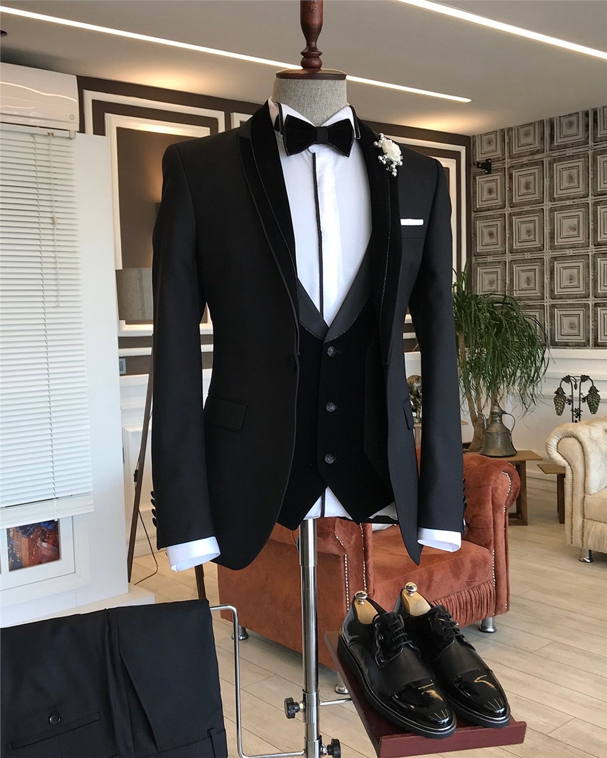 İtalyan kesim ceket yelek pantolon damatlık set Siyah T5843