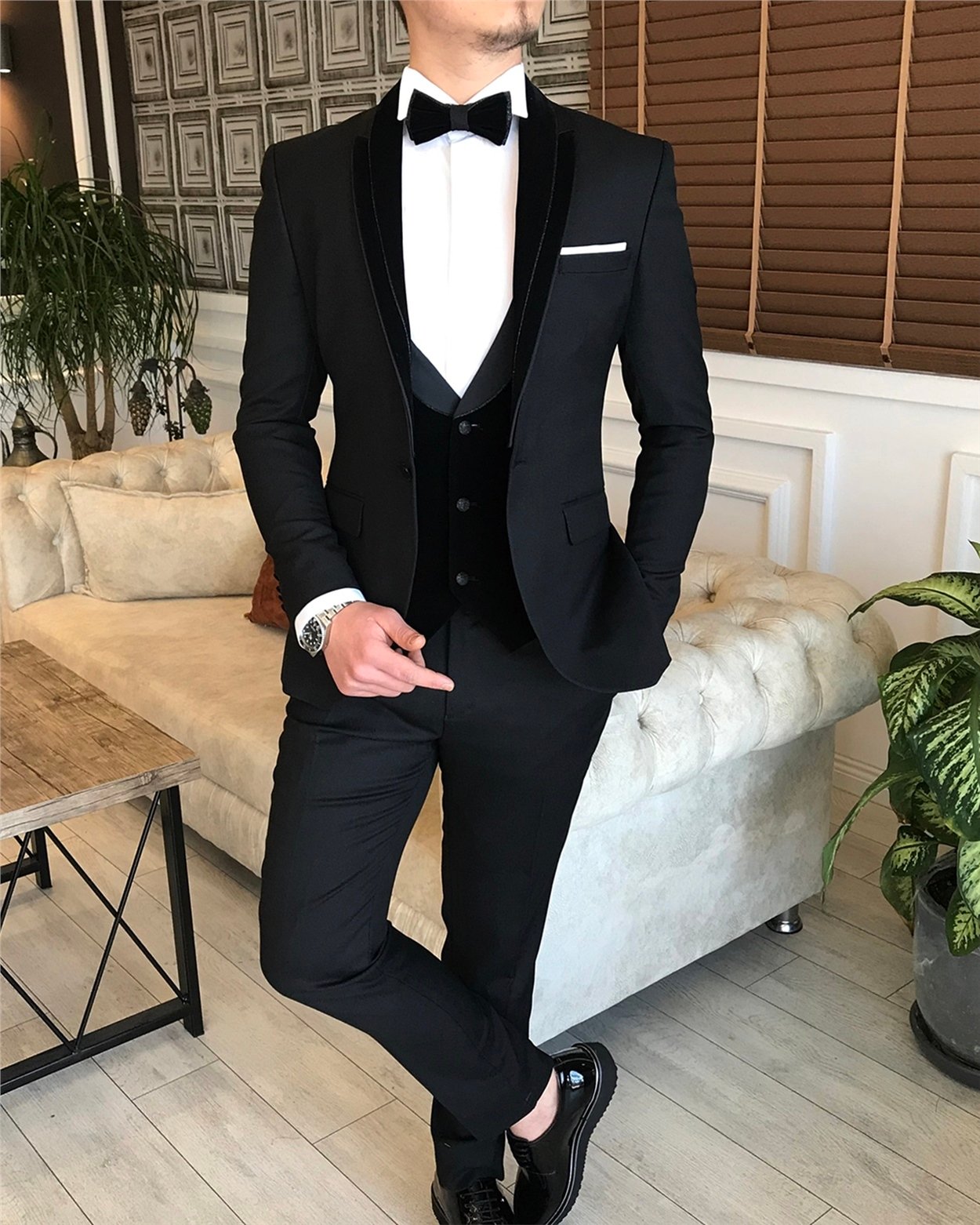 İtalyan kesim ceket yelek pantolon damatlık set Siyah T5843