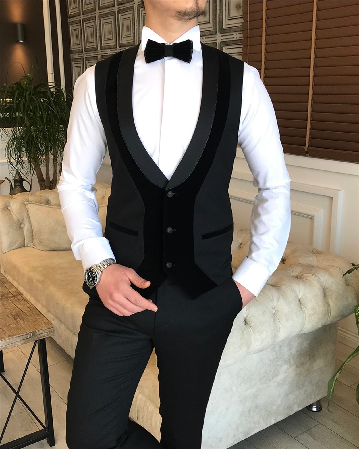 İtalyan kesim ceket yelek pantolon damatlık set Siyah T5843