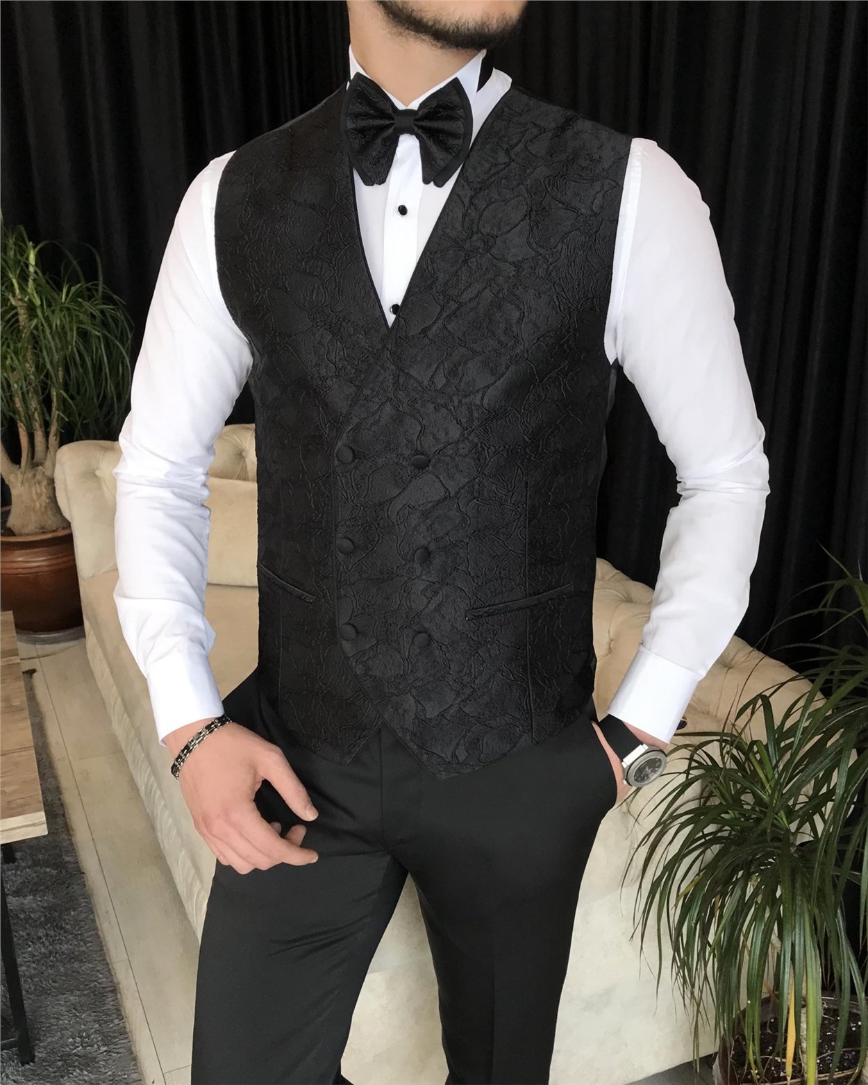 İtalyan kesim ceket yelek pantolon damatlık set Siyah T7312