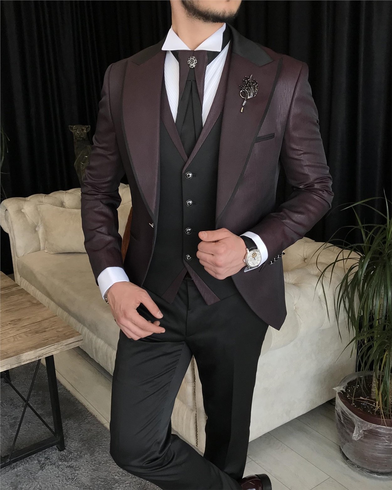 İtalyan kesim ceket yelek pantolon damatlık set Bordo T7296