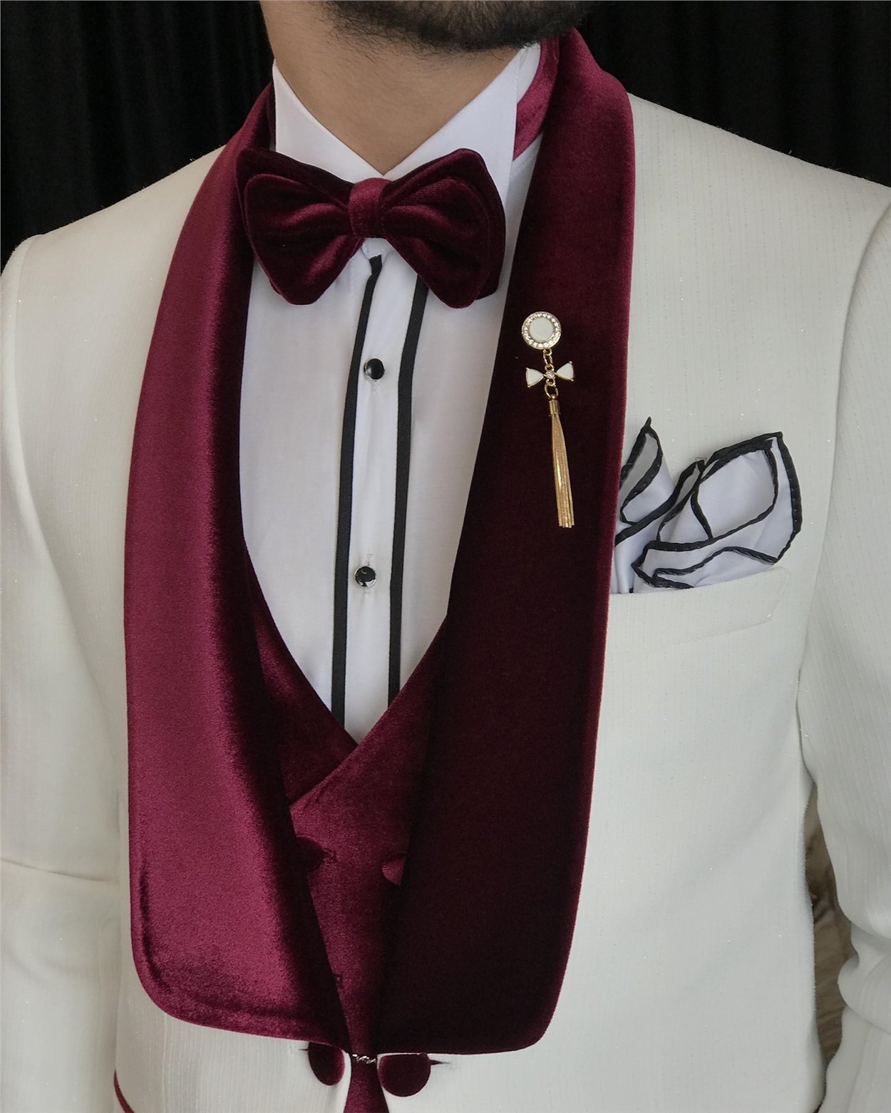 İtalyan kesim ceket yelek pantolon damatlık set Beyaz T7318