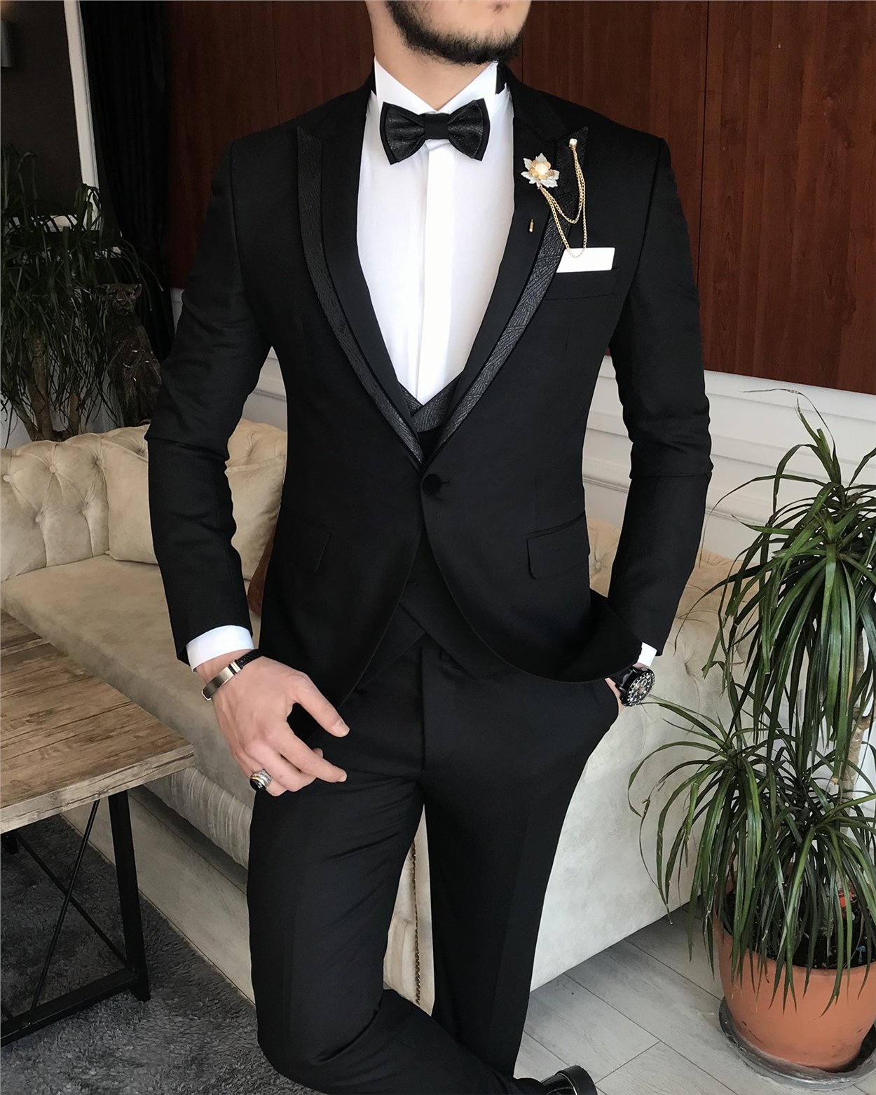 İtalyan kesim ceket yelek pantolon damatlık set Siyah T7163