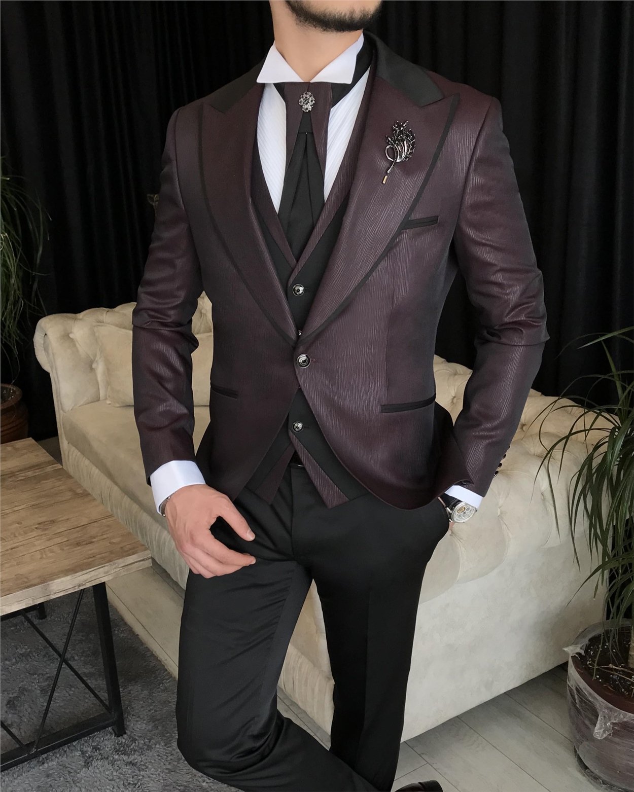 İtalyan kesim ceket yelek pantolon damatlık set Bordo T7296
