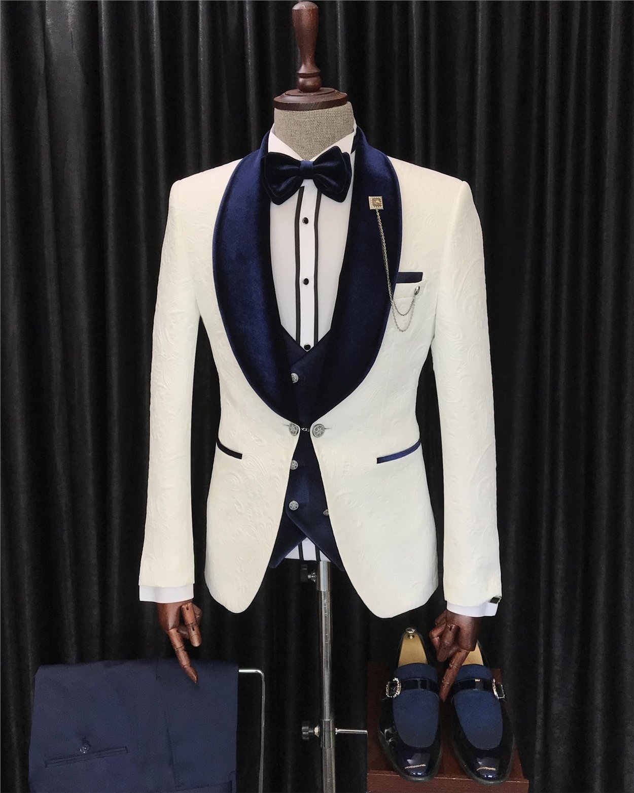 İtalyan kesim ceket yelek pantolon damatlık set Beyaz T7317