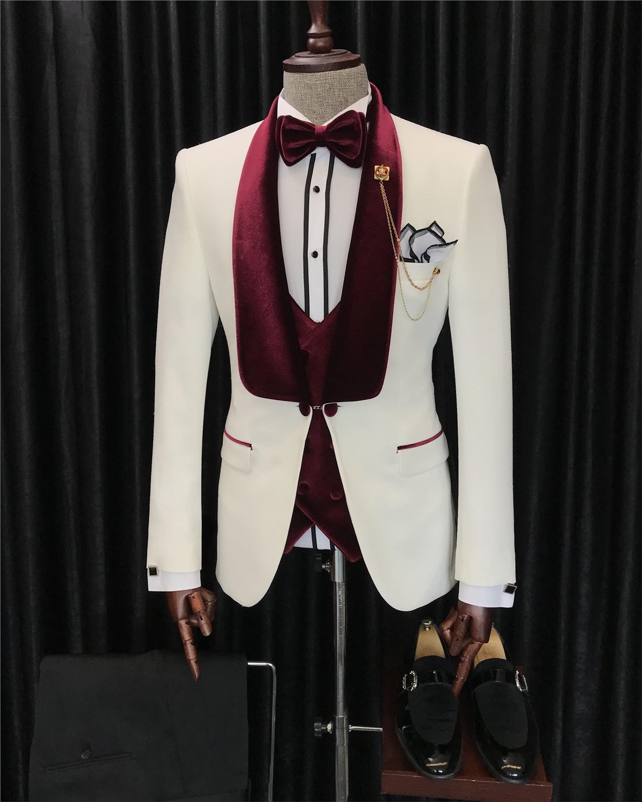 İtalyan kesim ceket yelek pantolon damatlık set Beyaz T7318