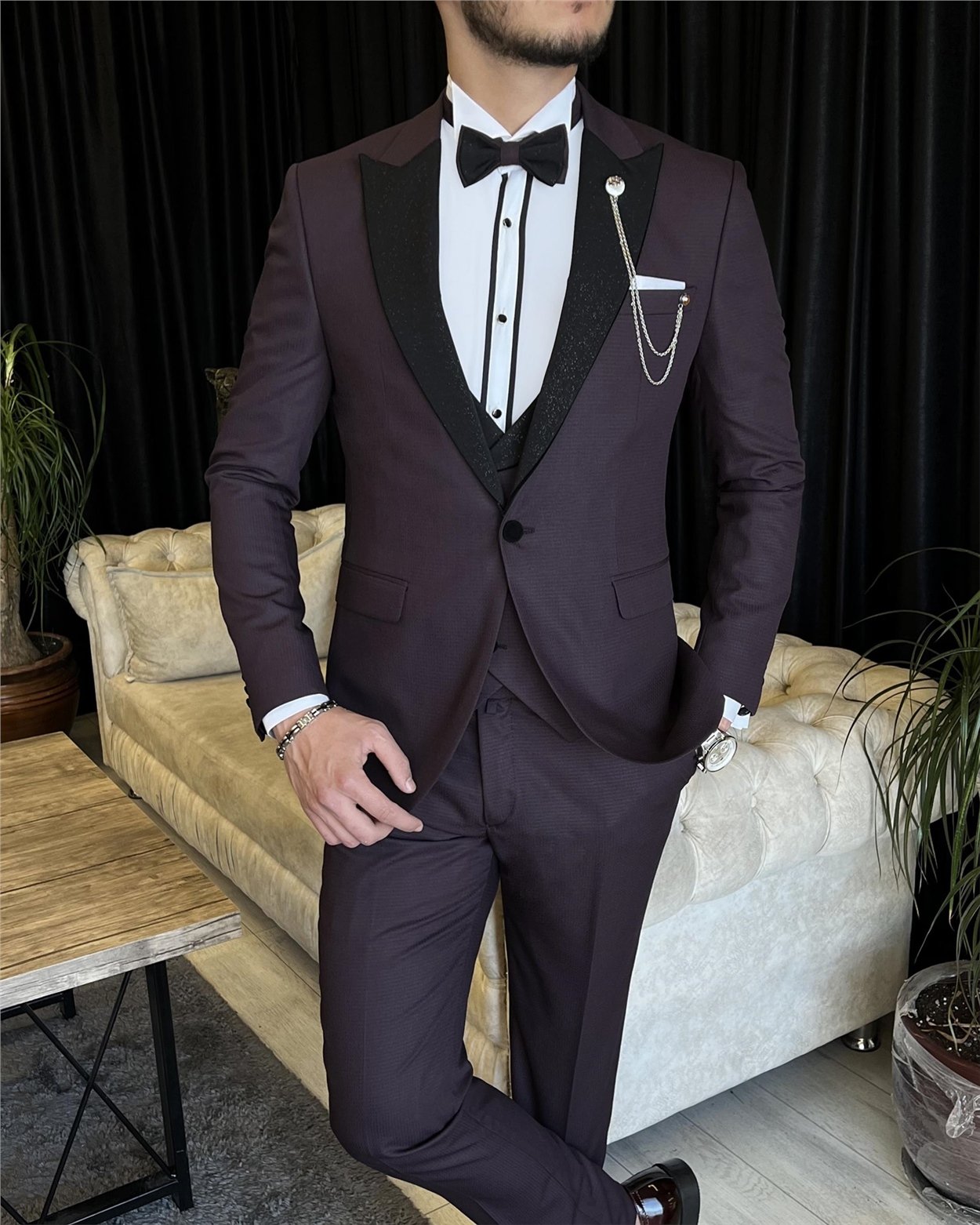 İtalyan kesim ceket yelek pantolon damatlık set Bordo T7467