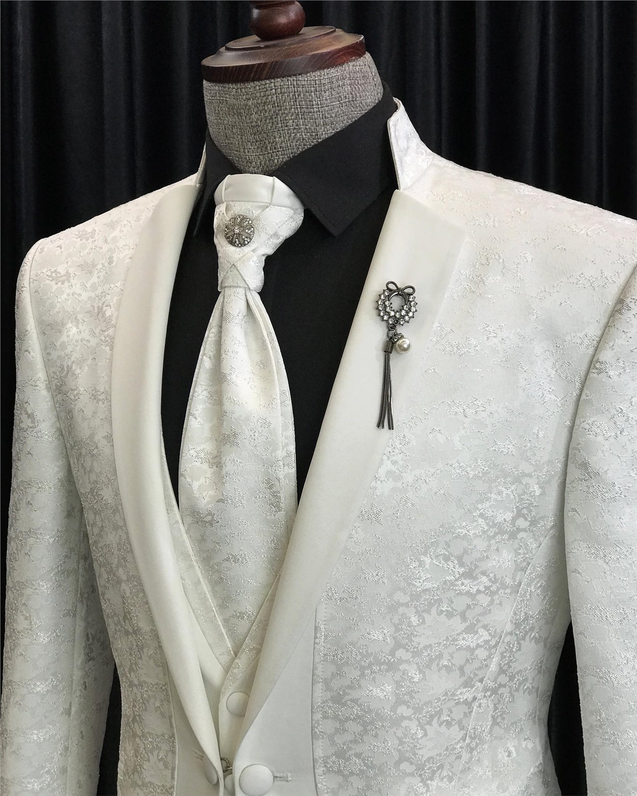İtalyan kesim ceket yelek pantolon damatlık set Beyaz T7295