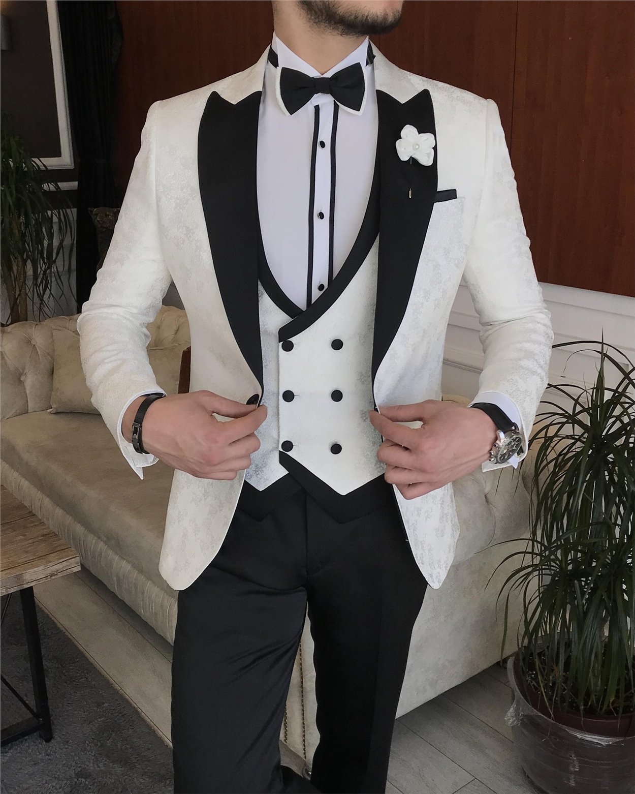 İtalyan kesim ceket yelek pantolon damatlık set Beyaz T7287