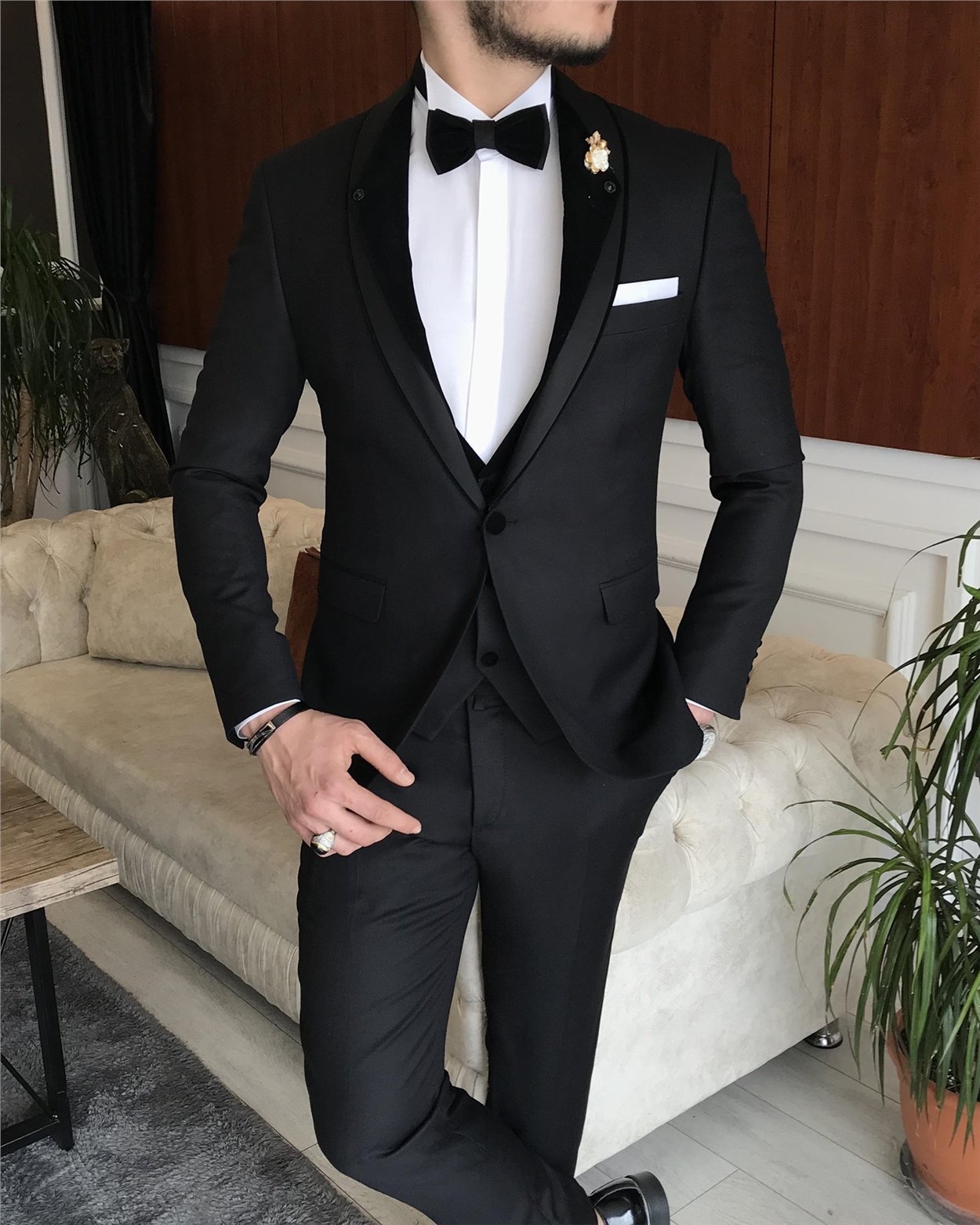 İtalyan kesim ceket yelek pantolon damatlık set Siyah T7162