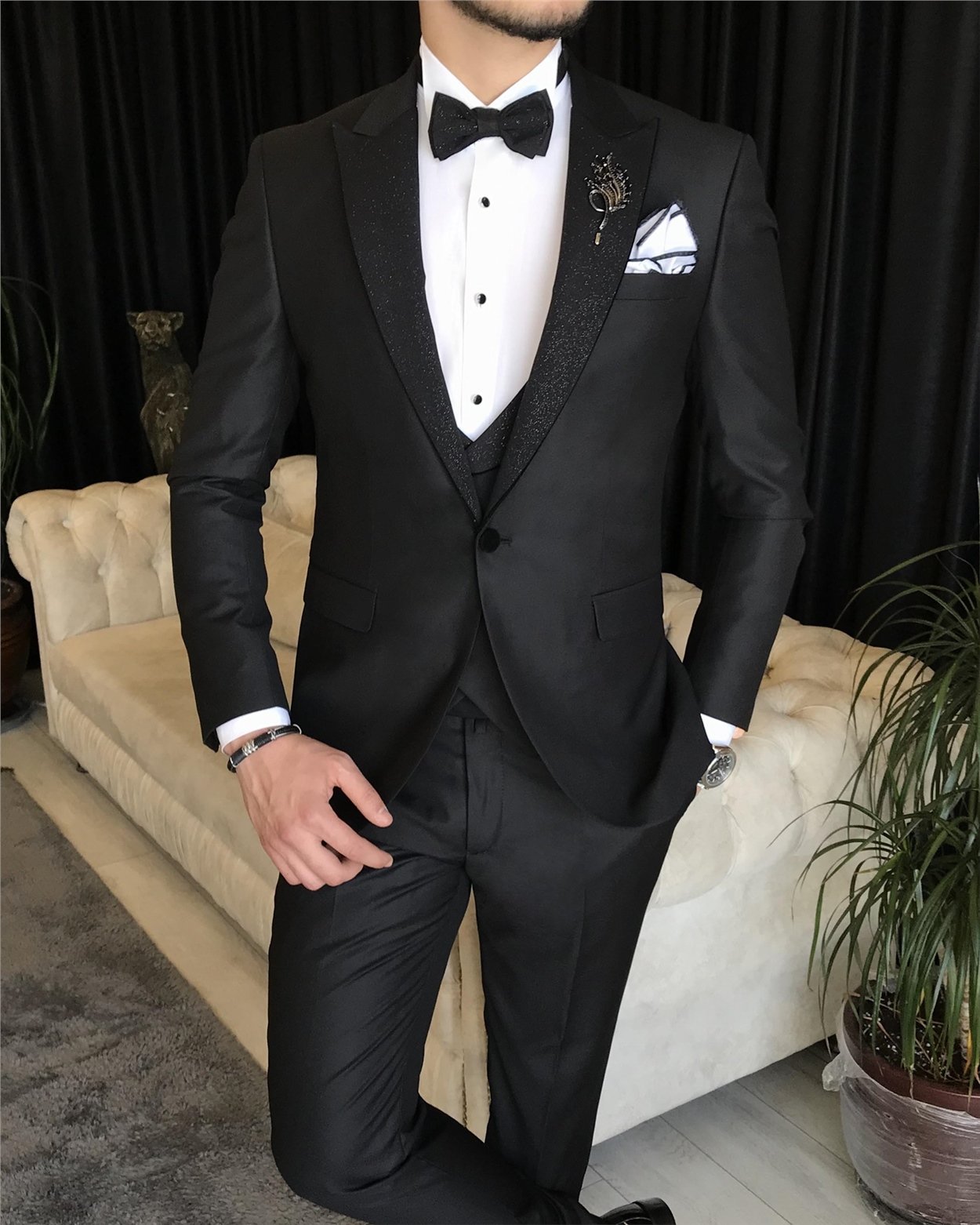 İtalyan kesim ceket yelek pantolon damatlık set Siyah T7466