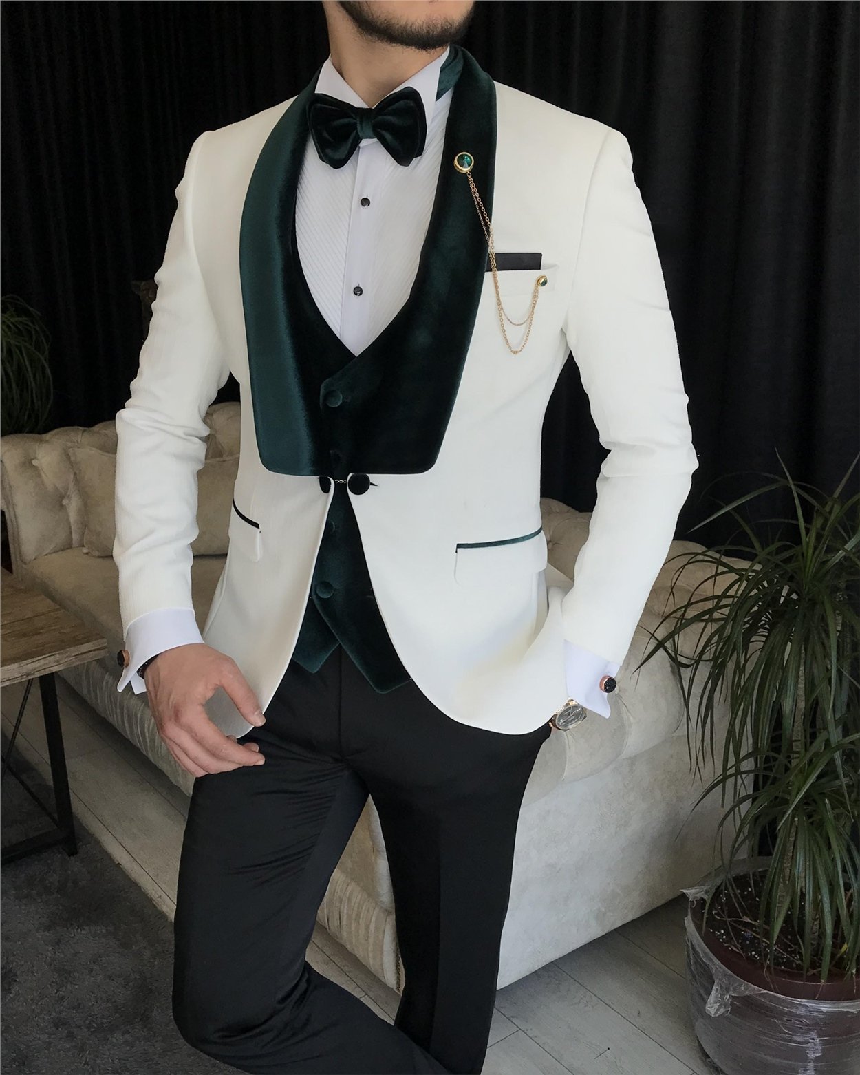 İtalyan kesim ceket yelek pantolon damatlık set Beyaz T7319