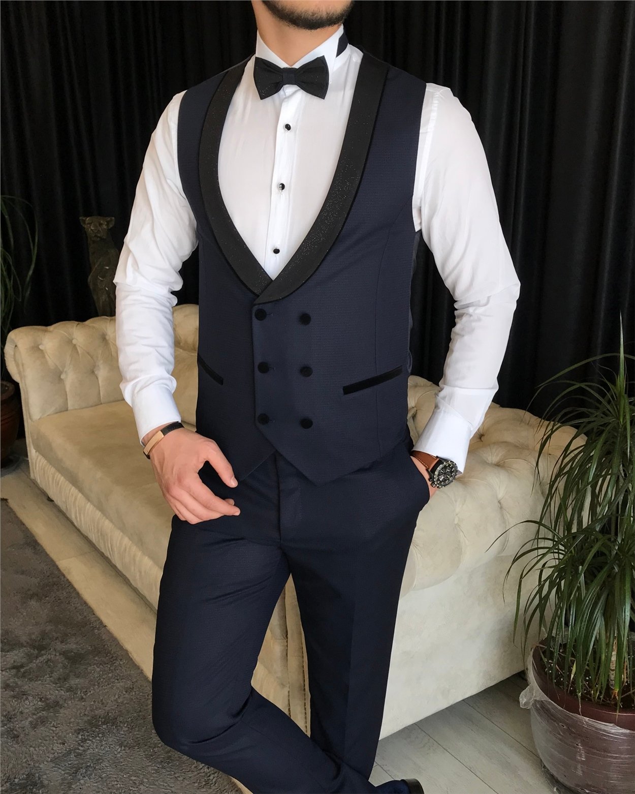 İtalyan kesim ceket yelek pantolon damatlık set Lacivert T7468