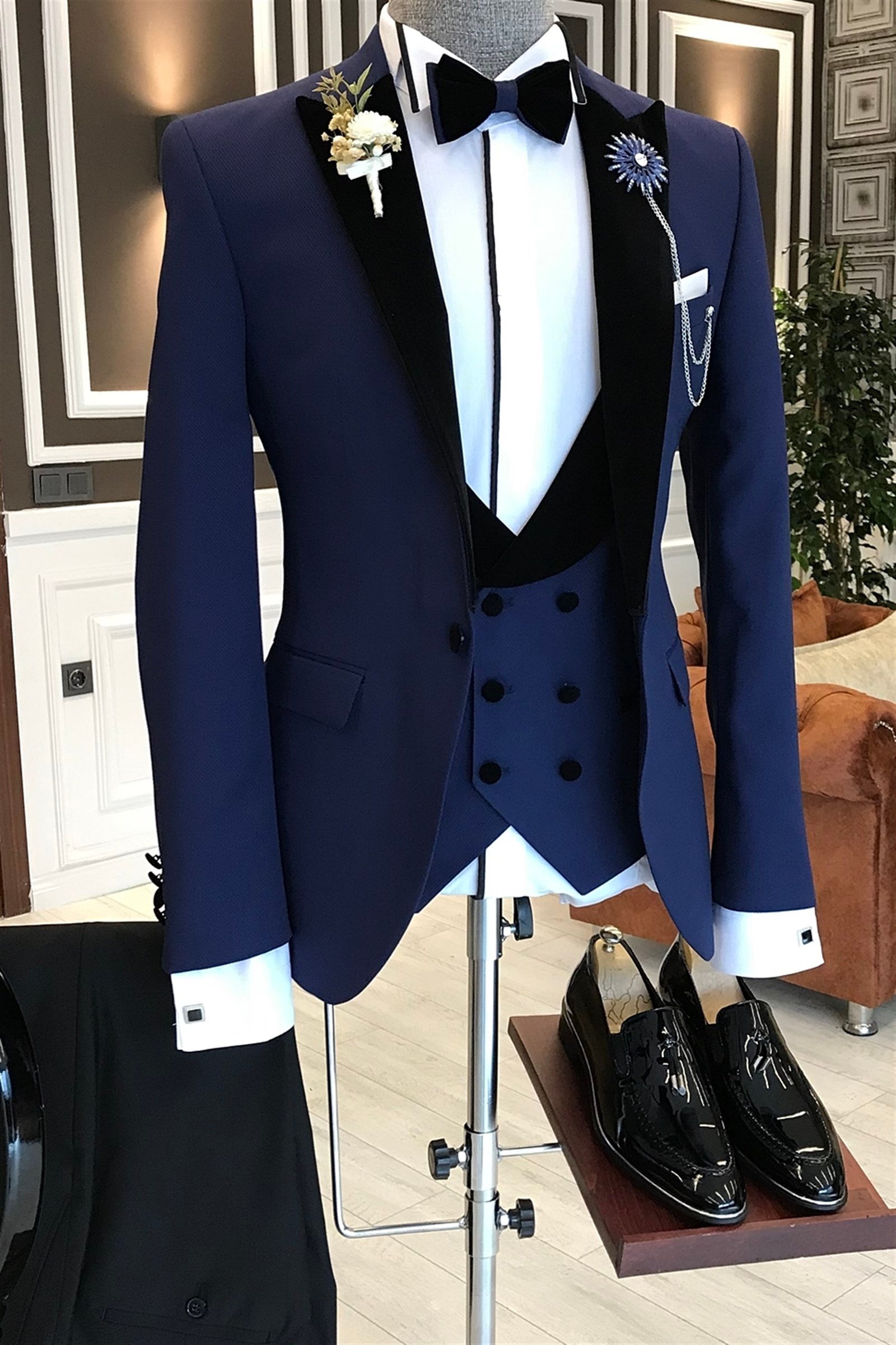 İtalyan kesim ceket yelek pantolon lacivert damatlık set T3479