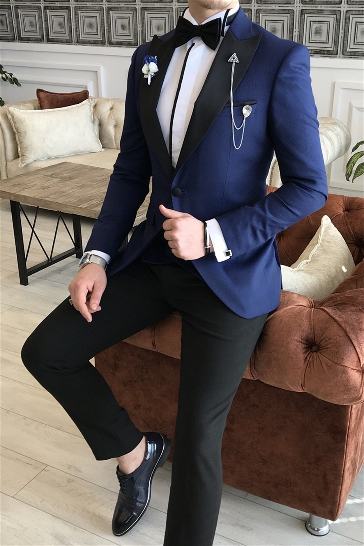 İtalyan kesim ceket yelek pantolon lacivert armürlü damatlık set T3460