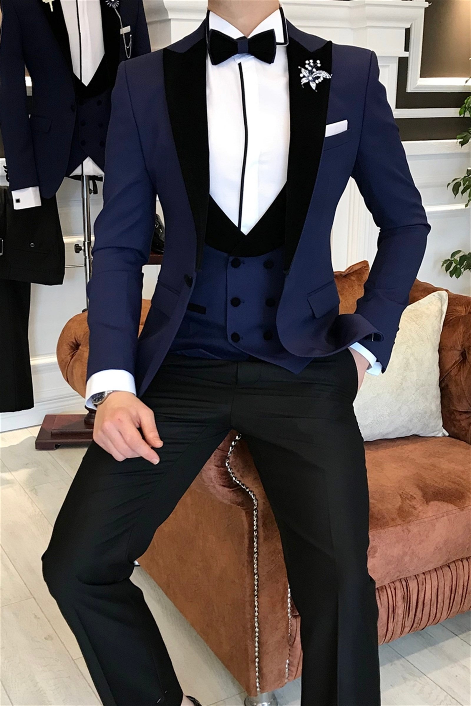 İtalyan kesim ceket yelek pantolon lacivert damatlık set T3479