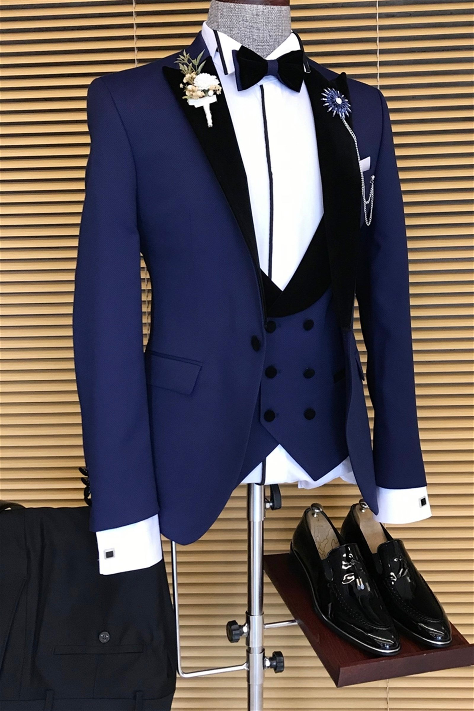 İtalyan kesim ceket yelek pantolon lacivert damatlık set T3479