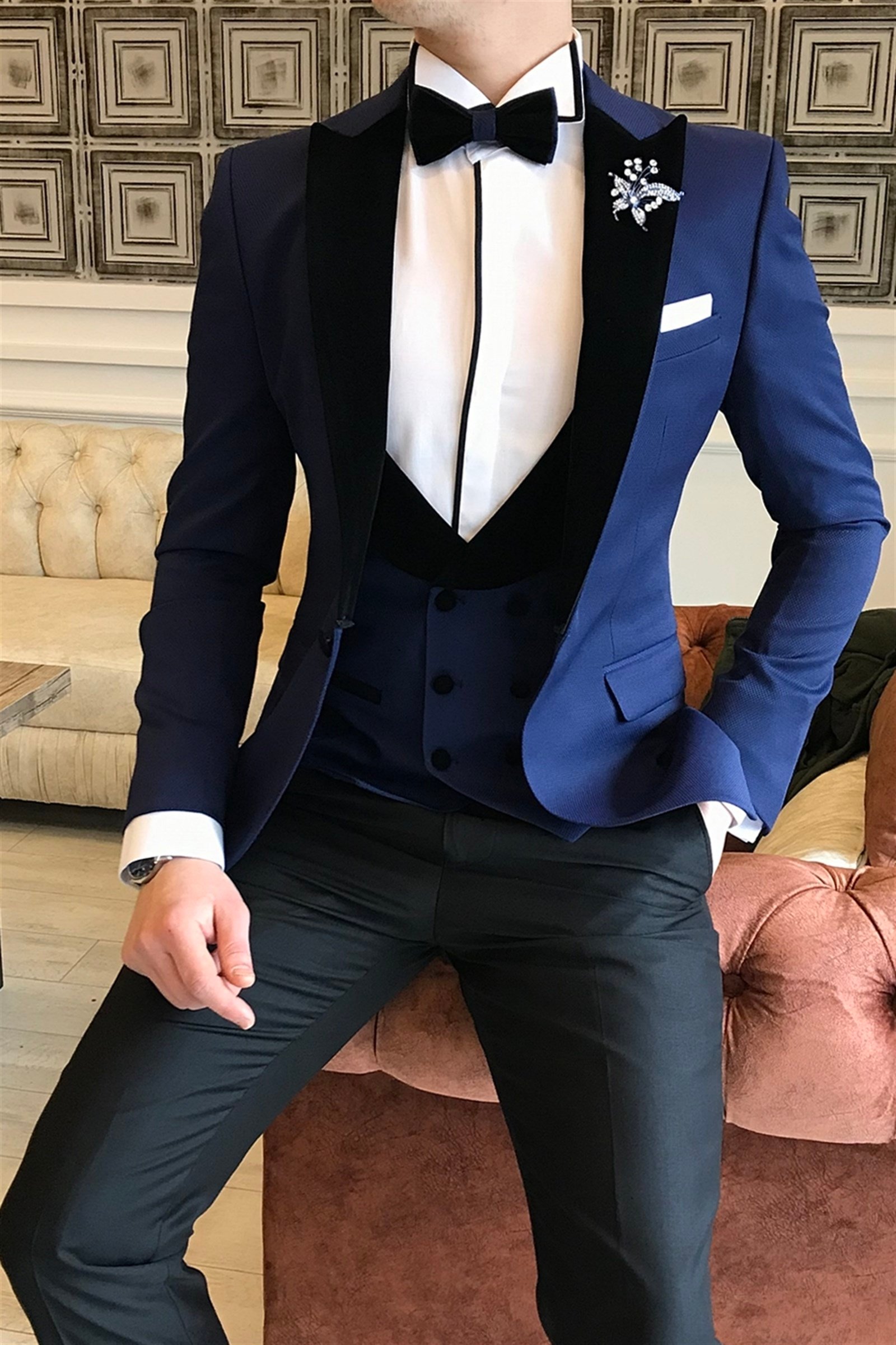 İtalyan kesim ceket yelek pantolon lacivert damatlık set T3479