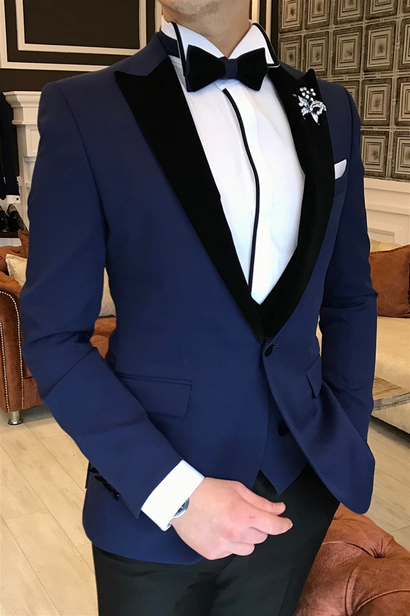 İtalyan kesim ceket yelek pantolon lacivert damatlık set T3479