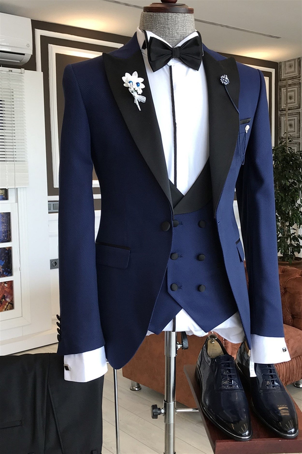İtalyan kesim ceket yelek pantolon lacivert armürlü damatlık set T3460