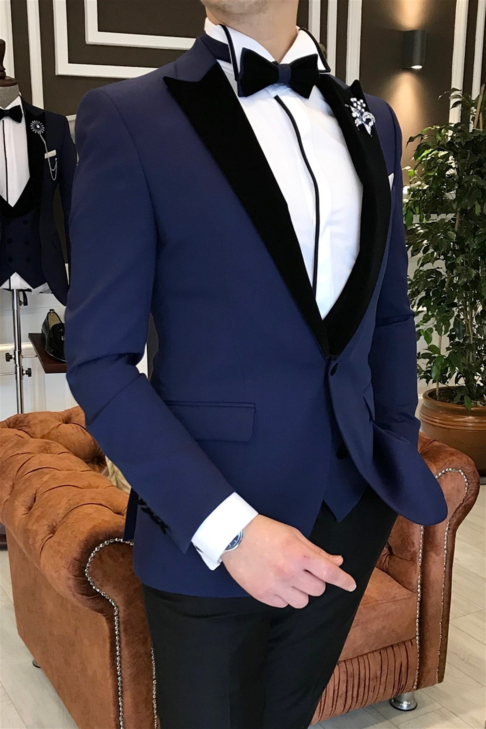 İtalyan kesim ceket yelek pantolon lacivert damatlık set T3479