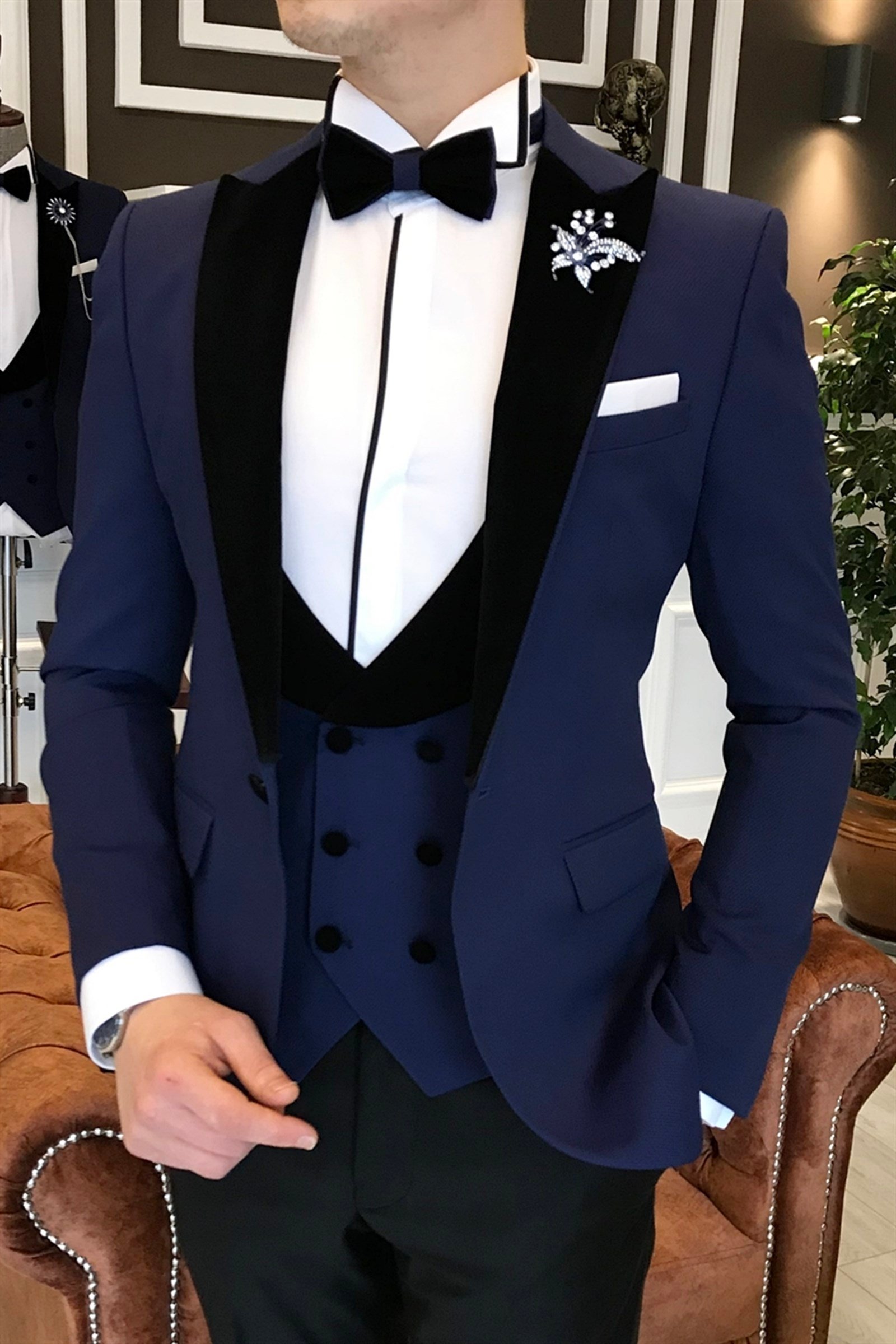 İtalyan kesim ceket yelek pantolon lacivert damatlık set T3479