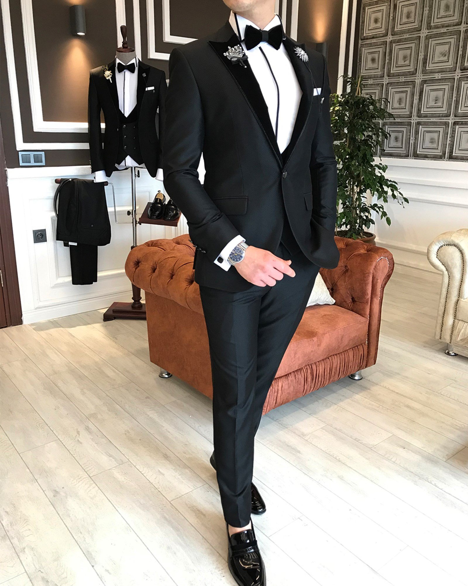 İtalyan kesim ceket yelek pantolon simli yaka damatlık set Siyah T4549