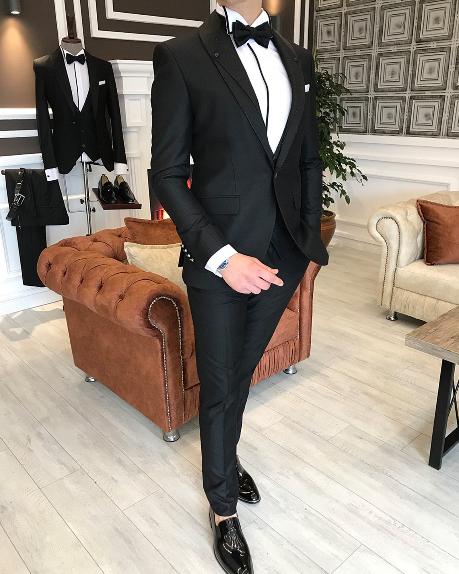 İtalyan kesim ceket yelek pantolon siyah damatlık set T3747