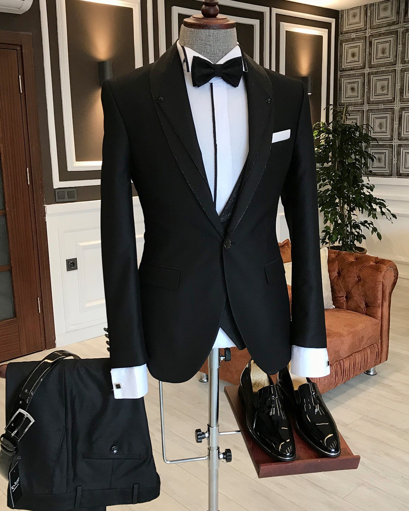 İtalyan kesim ceket yelek pantolon siyah damatlık set T3747