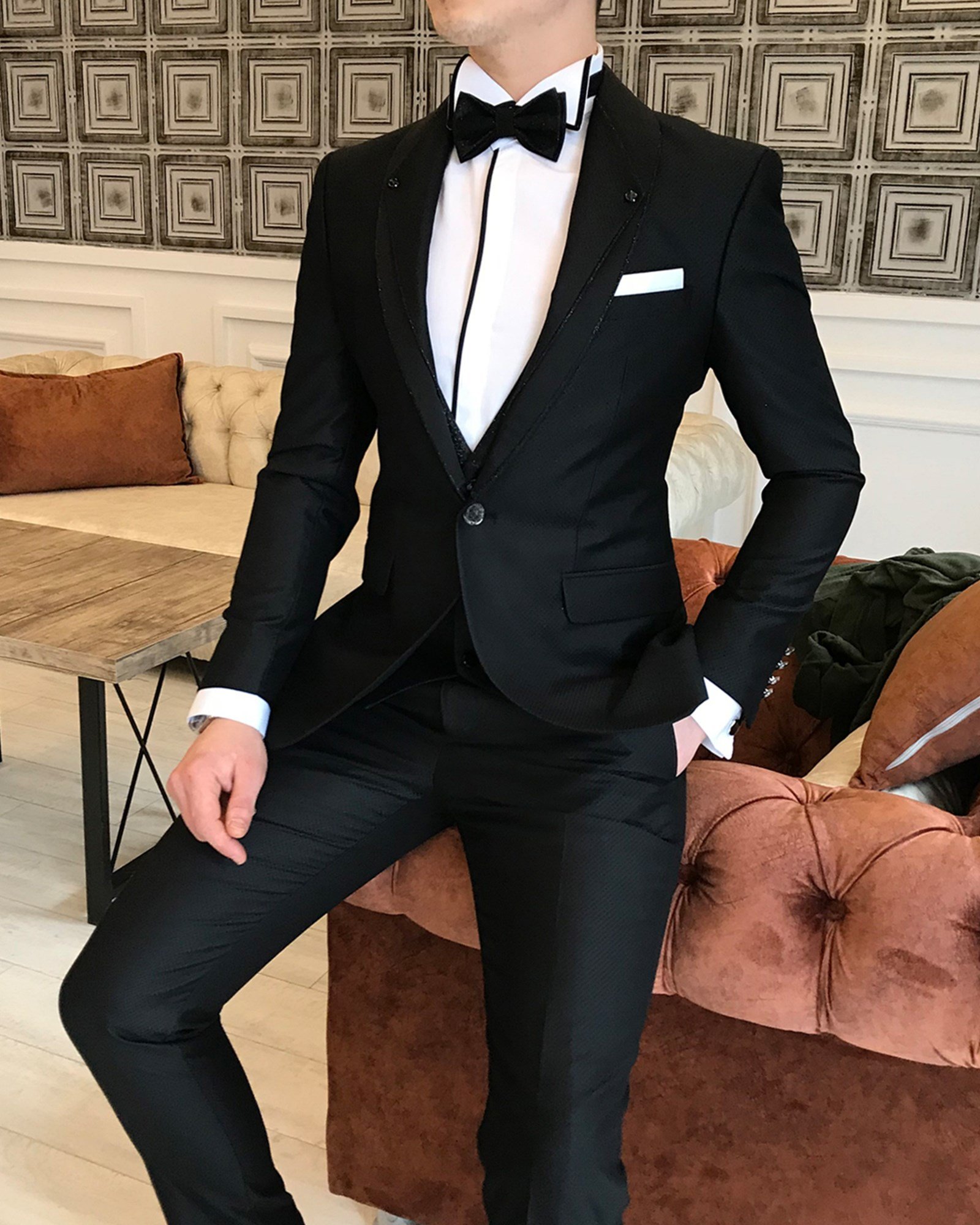 İtalyan kesim ceket yelek pantolon siyah damatlık set T3747