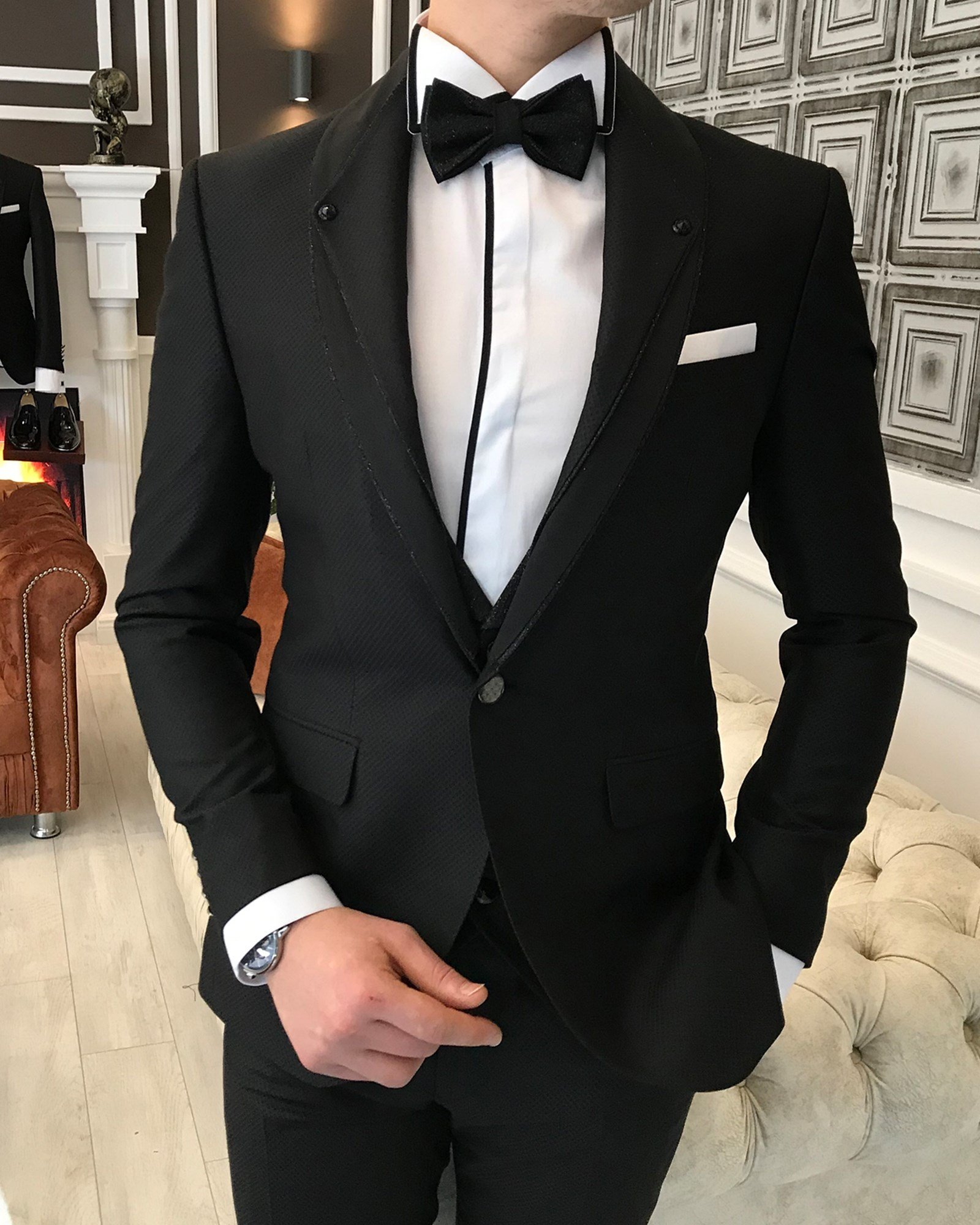 İtalyan kesim ceket yelek pantolon siyah damatlık set T3747