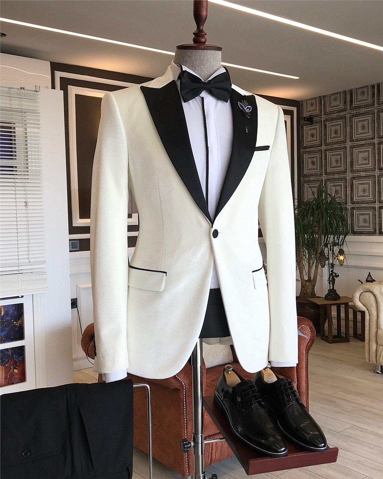 İtalyan kesim erkek ceket pantolon damatlık set Beyaz T5912