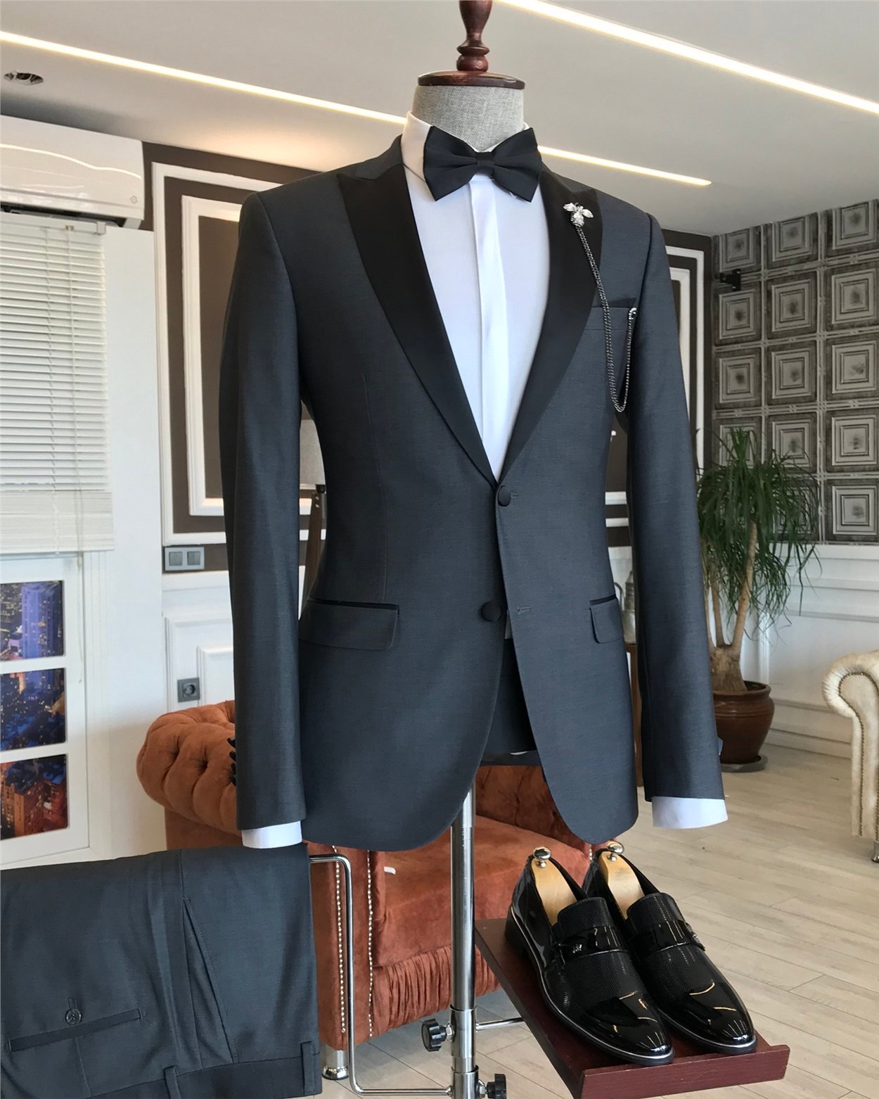 İtalyan kesim erkek ceket pantolon damatlık set gri T6064