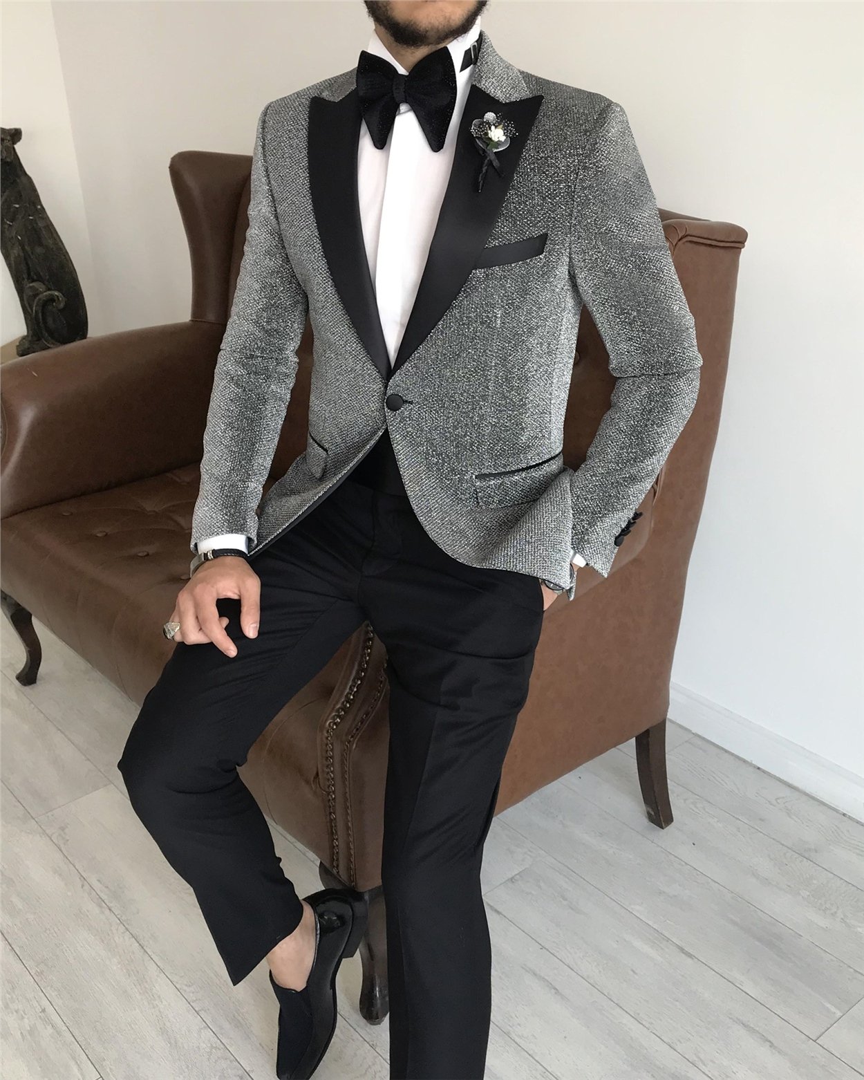 İtalyan kesim erkek ceket pantolon damatlık set Gri T7501
