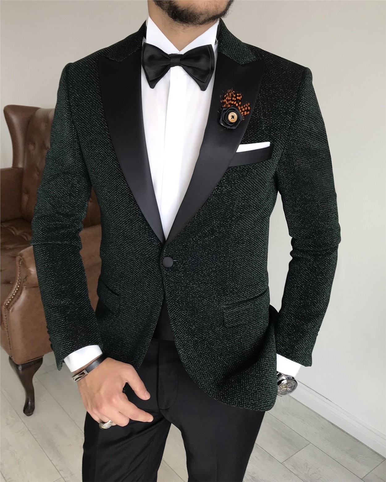 İtalyan kesim erkek ceket pantolon damatlık set Yeşil T7500