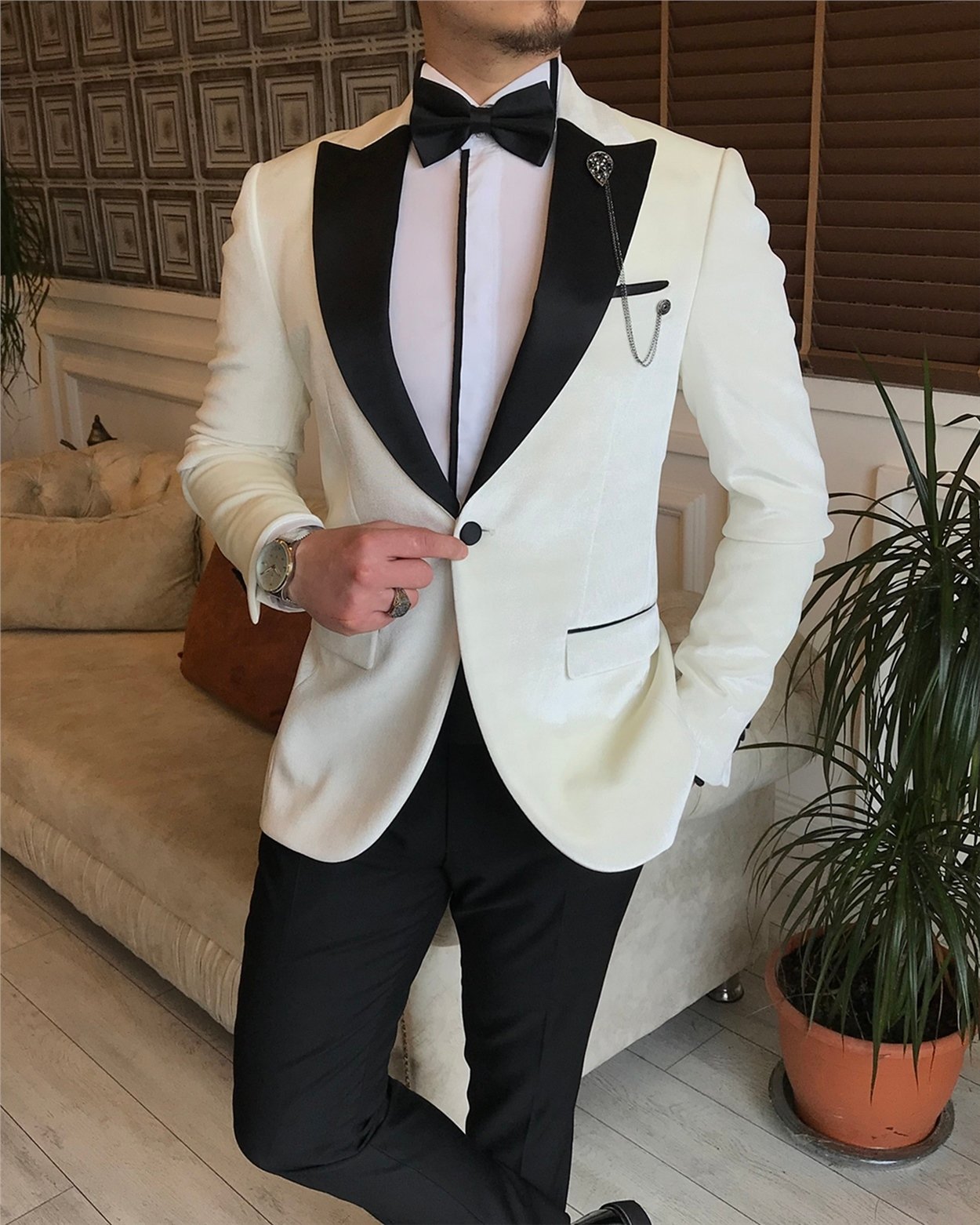 İtalyan kesim erkek ceket pantolon damatlık set Beyaz T5912