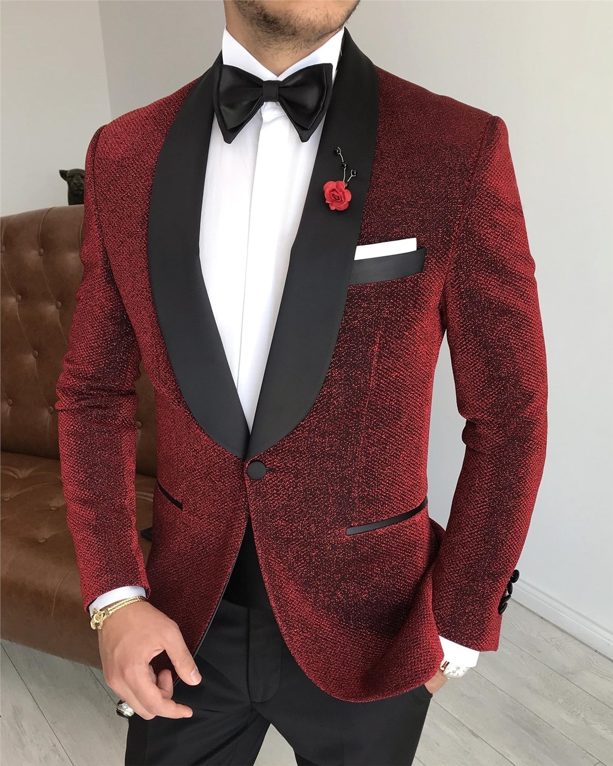 İtalyan kesim erkek ceket pantolon damatlık set Kırmızı T7490