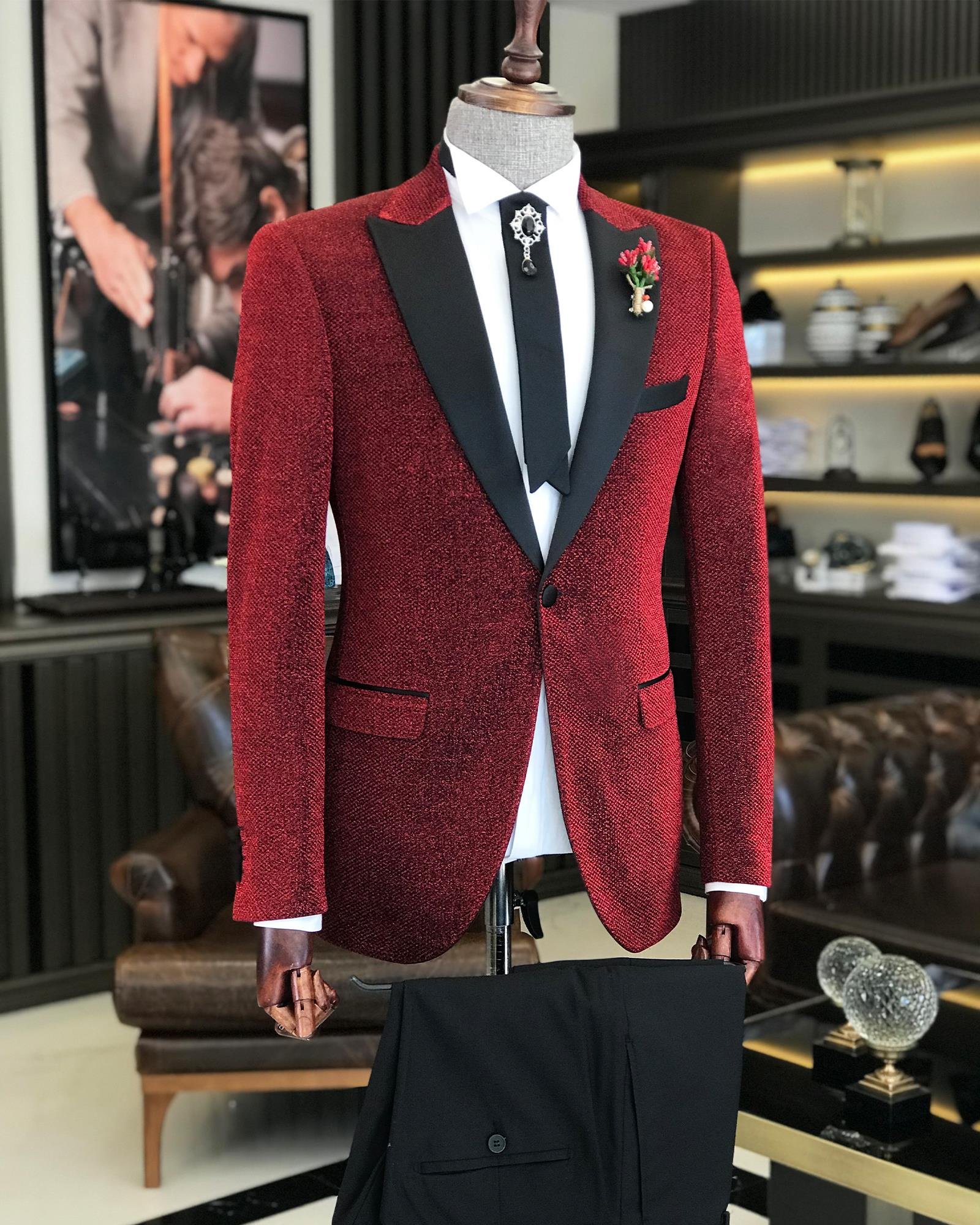 İtalyan kesim erkek ceket pantolon damatlık set Kırmızı T7498