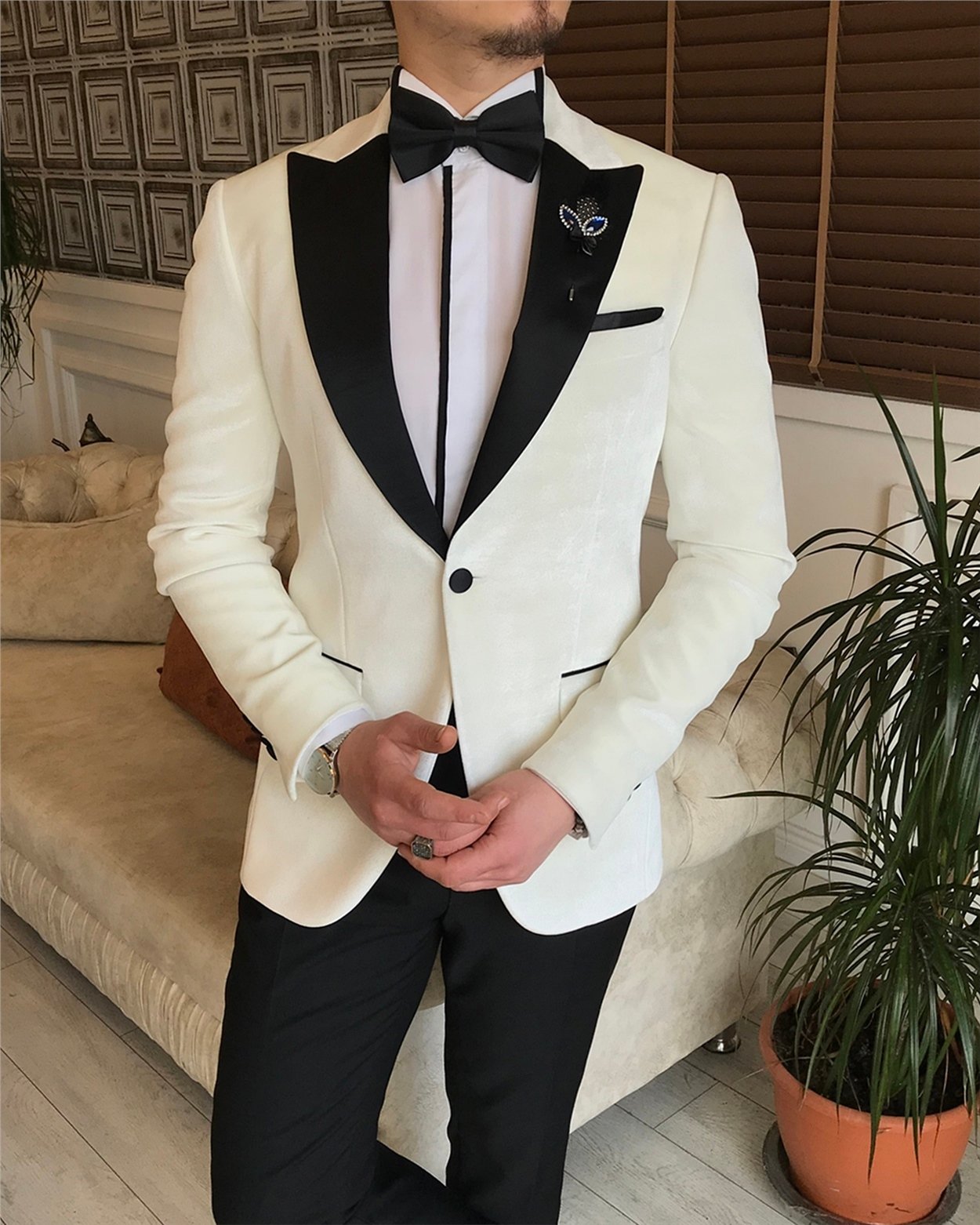 İtalyan kesim erkek ceket pantolon damatlık set Beyaz T5912