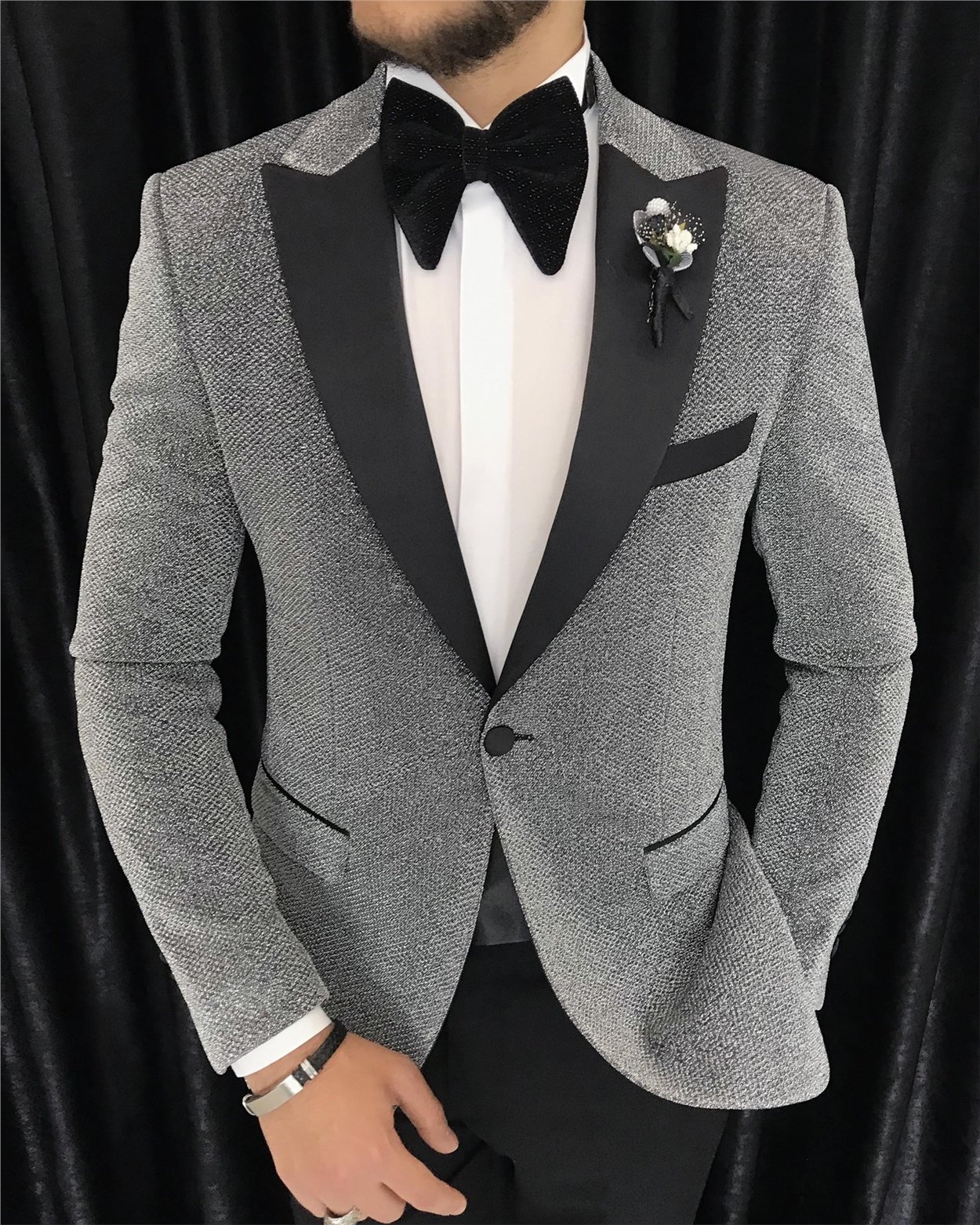 İtalyan kesim erkek ceket pantolon damatlık set Gri T7501